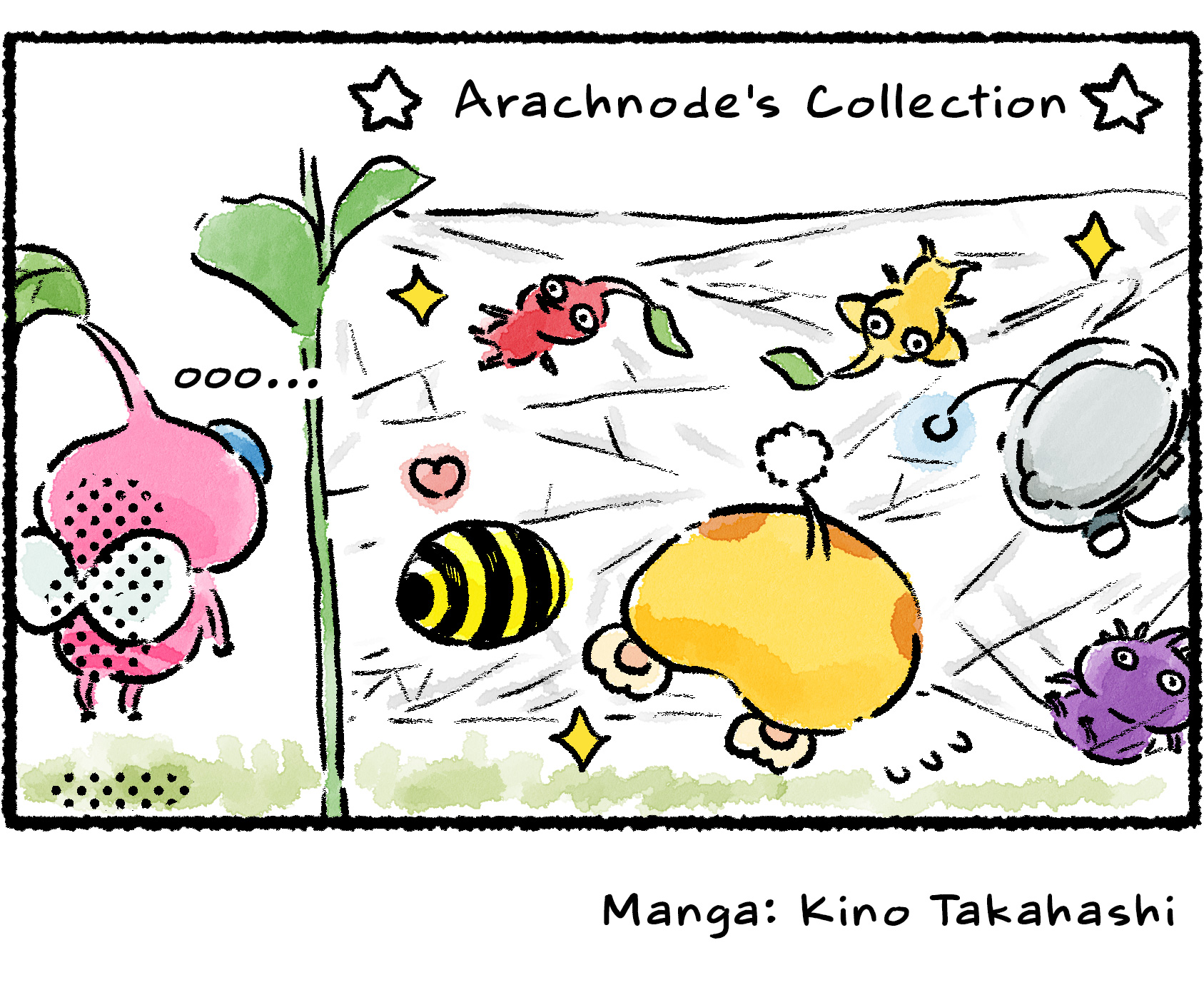 Panel four. The Winged Pikmin is excited to discover an Arachnode's collection, which includes Oatchi, several Pikmin, and a castaway all trapped within its web.