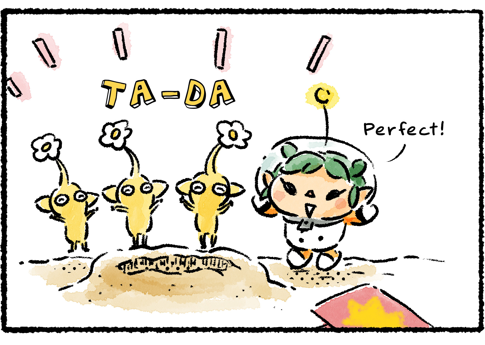 Panel three. The Yellow Pikmin stand proudly by the hole they dug. "Perfect!" Molly says.