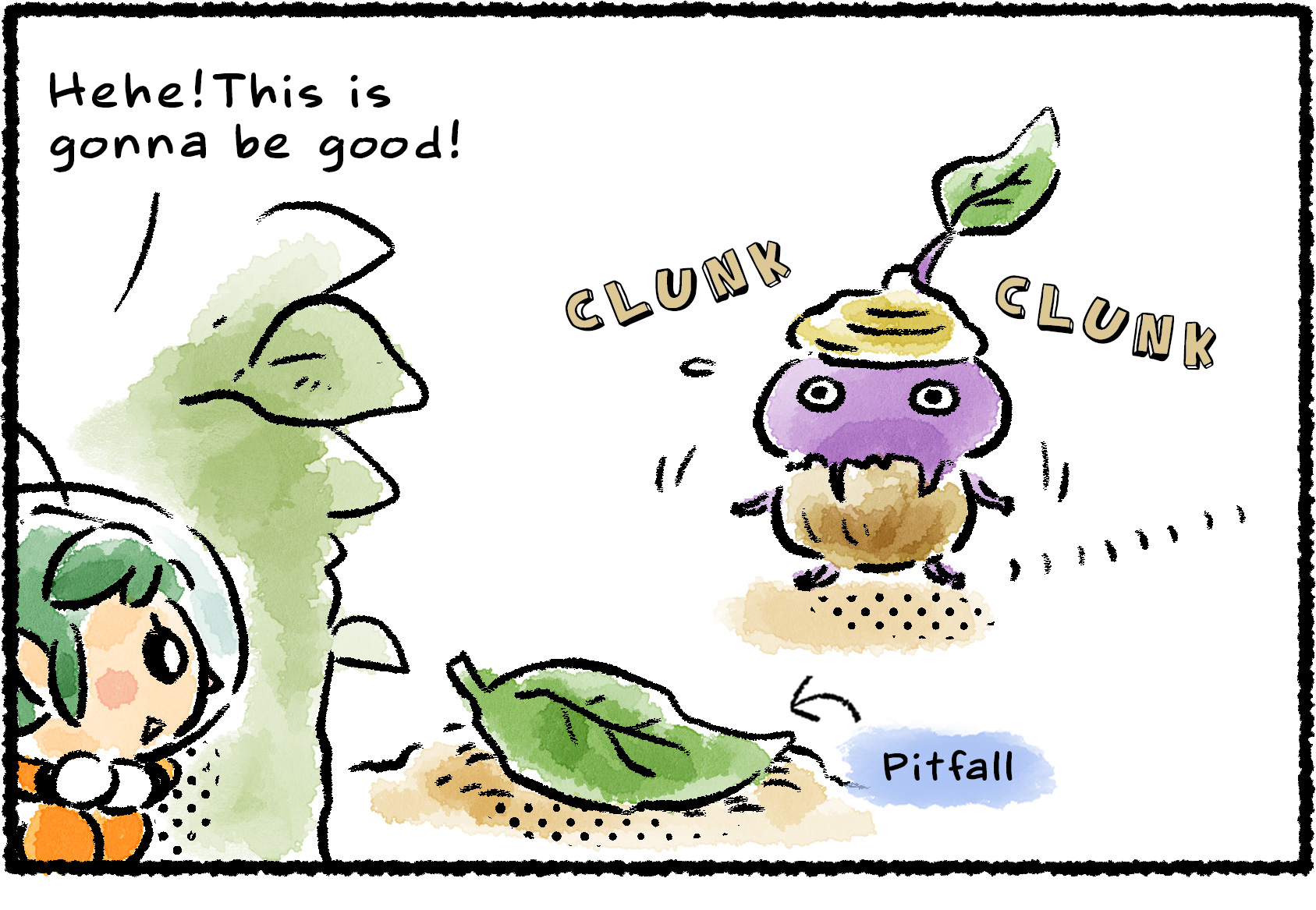 Panel one. Molly lurks behind some foliage and watches as a Purple Pikmin, wearing an acorn suit, approaches a pitfall trap that Molly has covered up with a leaf. "Hehe!" she says. "This is gonna be good!"