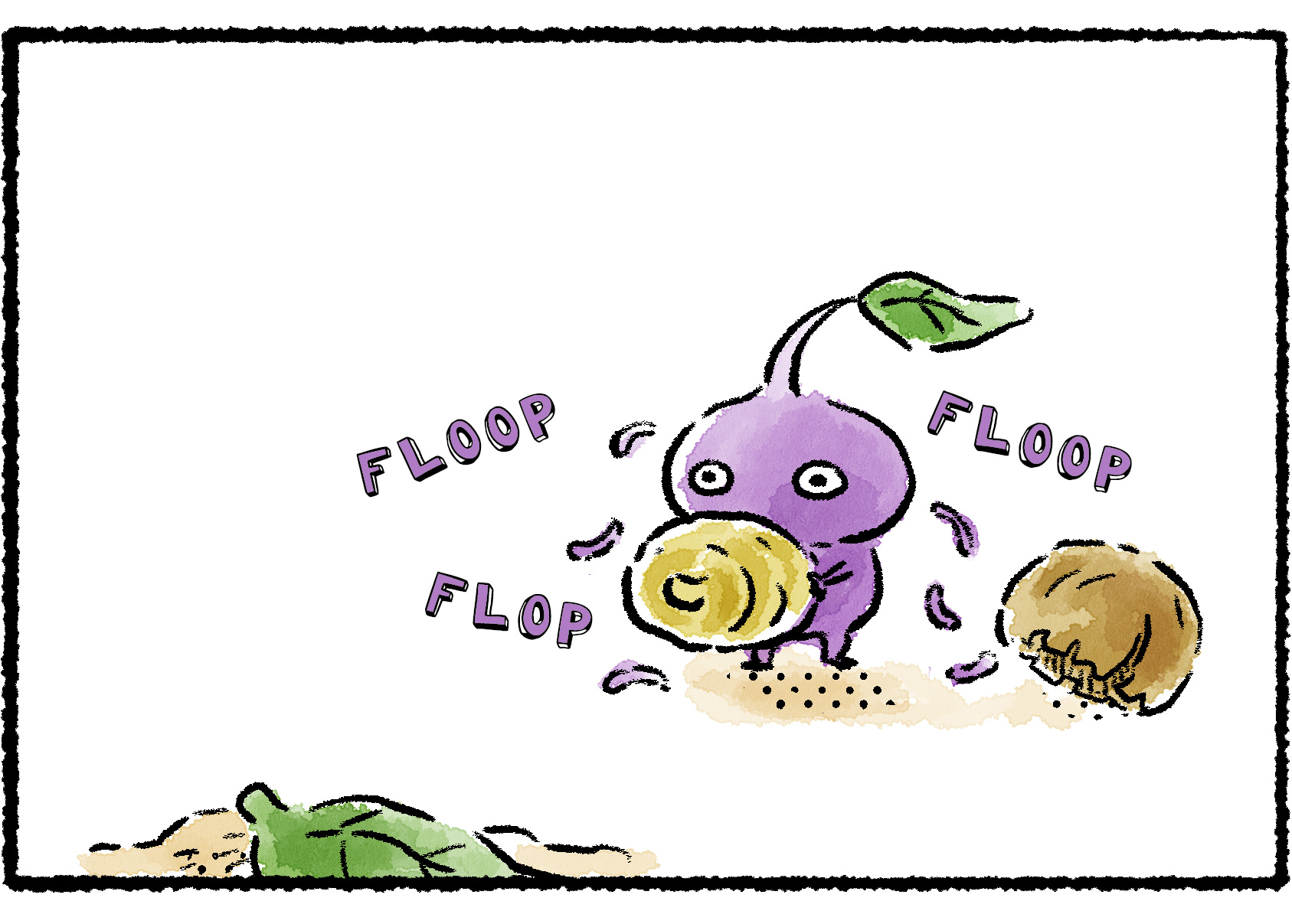 Panel three. The Purple Pikmin's trichomes all fall off, leaving it uncharacteristically bald except for its main stem.
