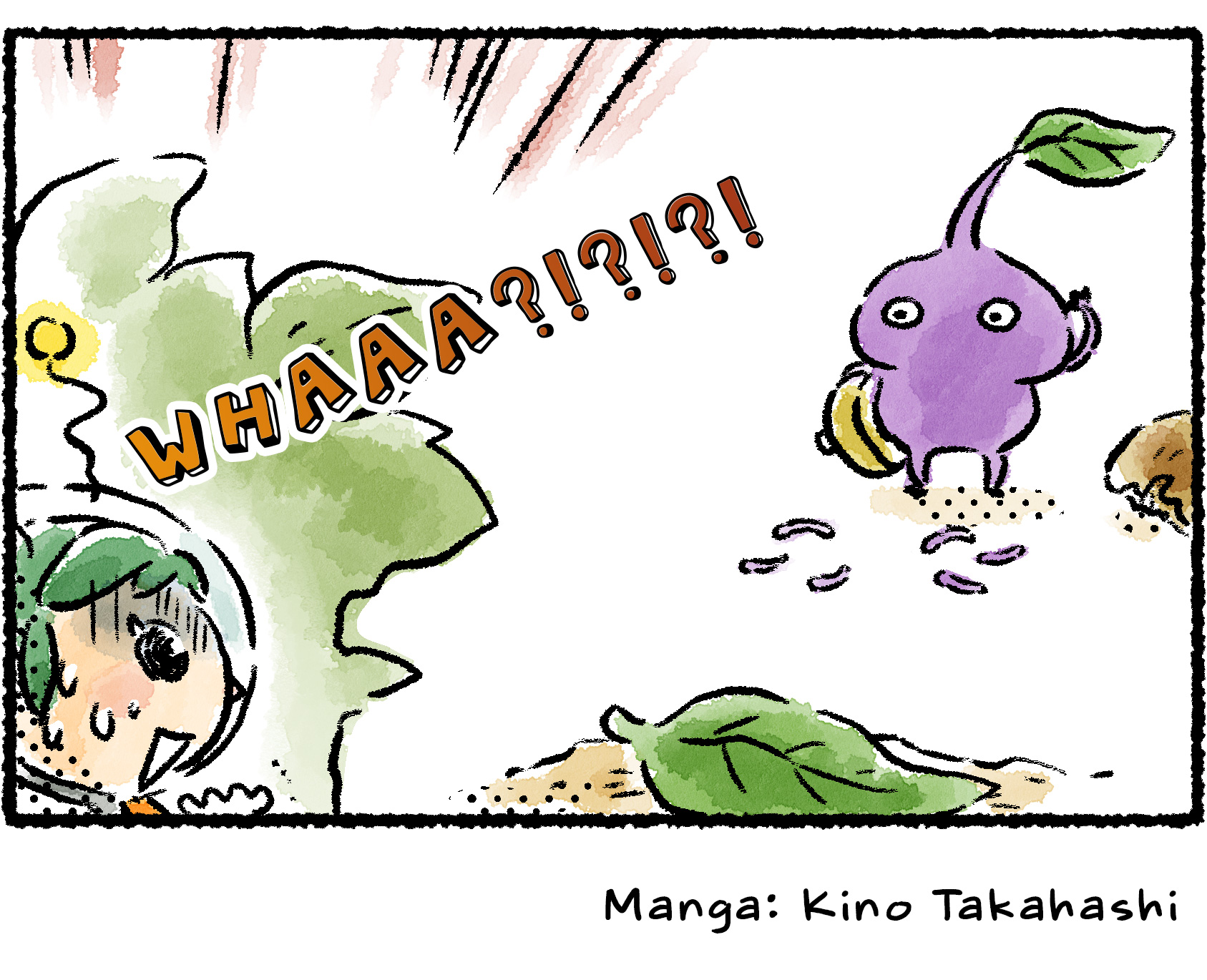 Panel four. Molly, in her hiding place, screams in horror at the sight of a Purple Pikmin without its characteristic trichomes: "WHAAA?!?!?!"