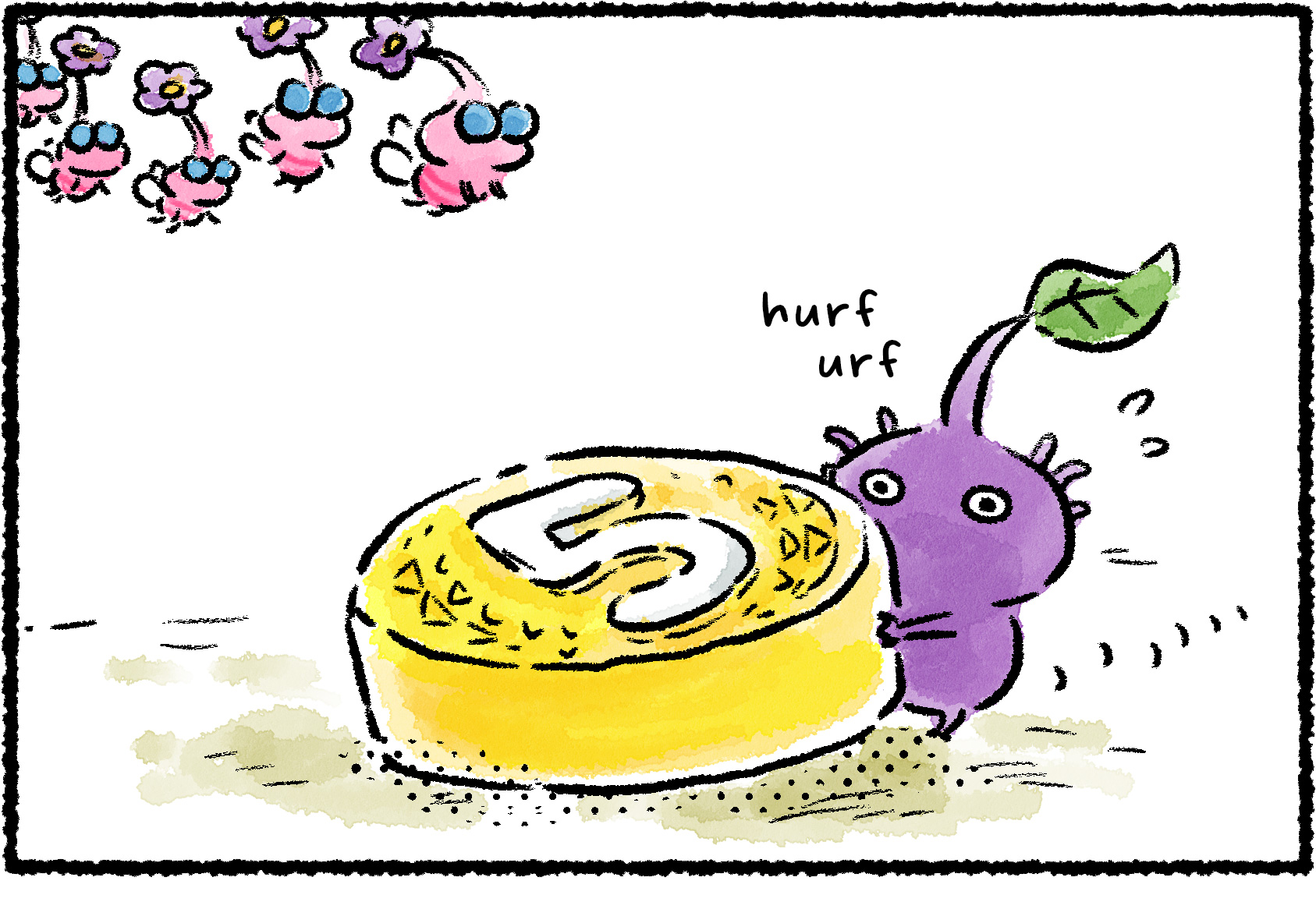 Panel one. Five Winged Pikmin come upon a Purple Pikmin that is carrying a yellow 5 pellet.