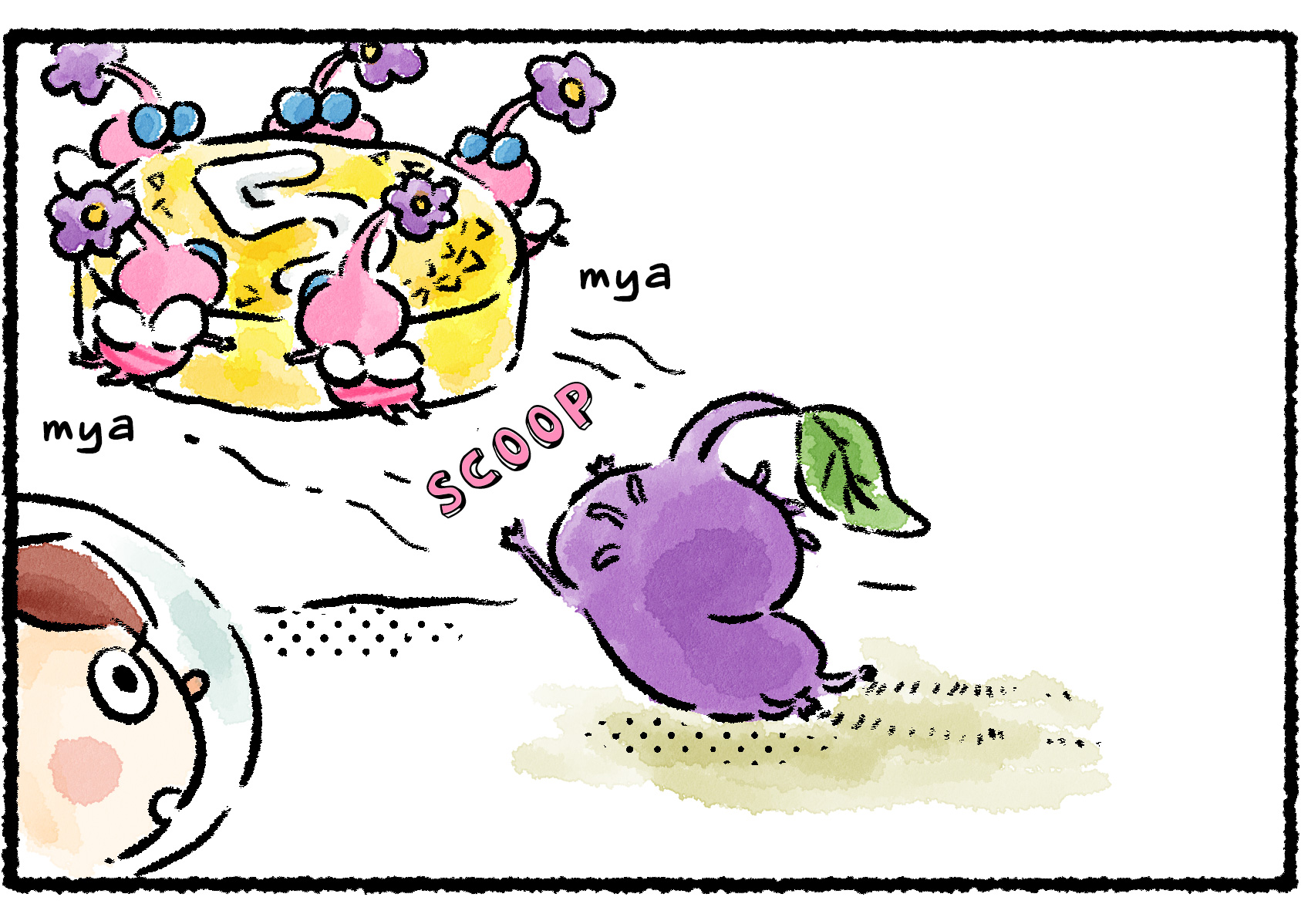 Panel two. The Winged Pikmin snatch the yellow 5 pellet from the Purple Pikmin and begin carrying it into the air.