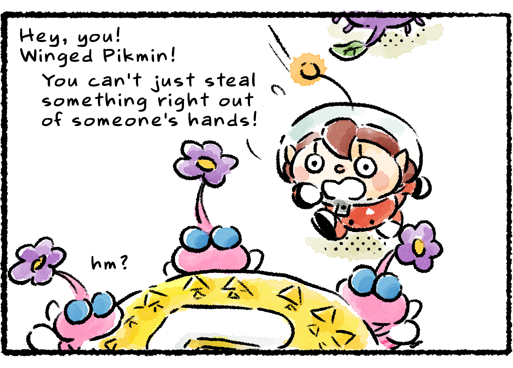 Panel three. An indignant Rescue Officer chases after the Winged Pikmin. "Hey, you! Winged Pikmin!" she says. "You can't just steal something right out of someone's hands!"