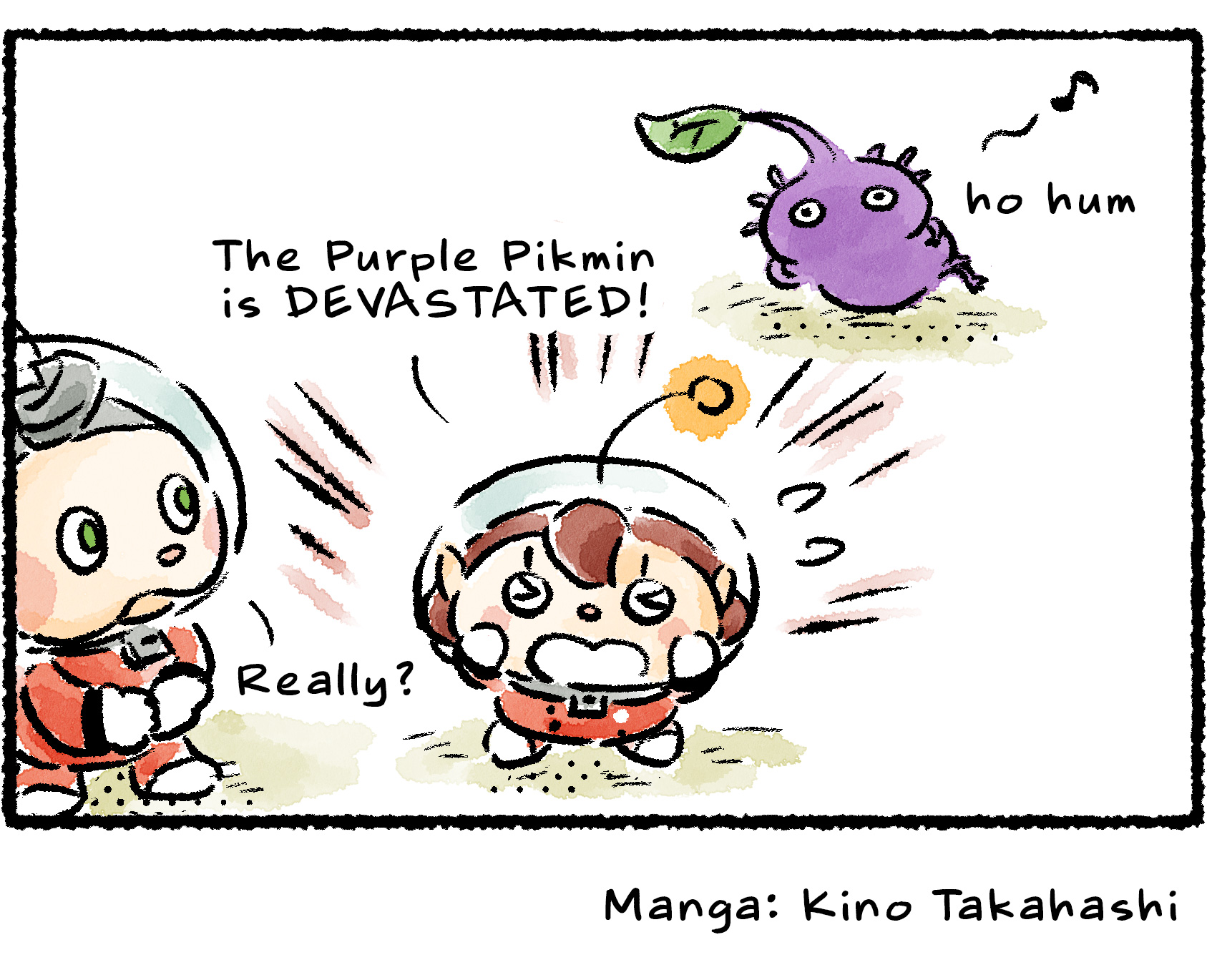 Panel four. "The Purple Pikmin is DEVASTATED!" the Rescue Officer shouts angrily. Behind her, the Purple Pikmin is relaxing and taking a break. Collin says, "Is he…"