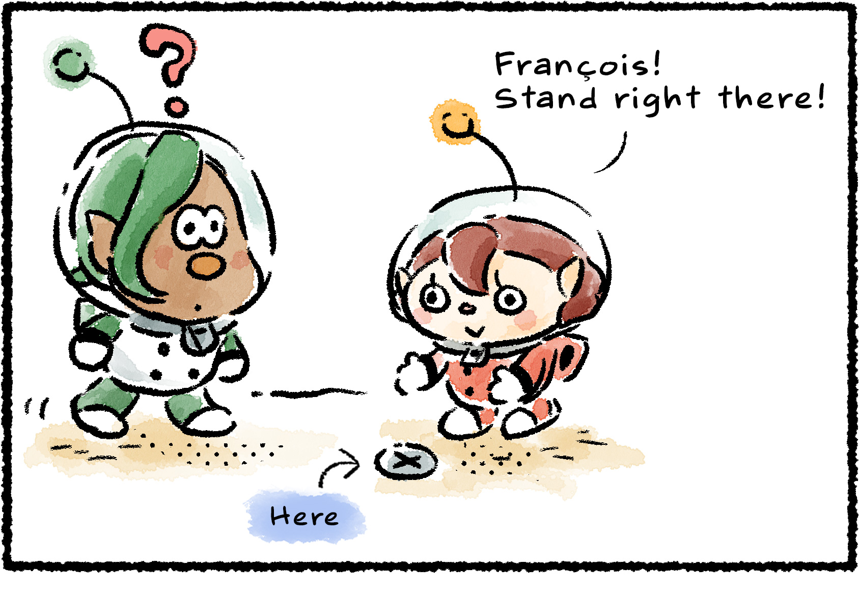 Panel one. "François!" a Rescue Officer says, pointing to a spot on the ground at François's feet. "Stand right here!" A question mark appears above François's head as he wonders what this is about.