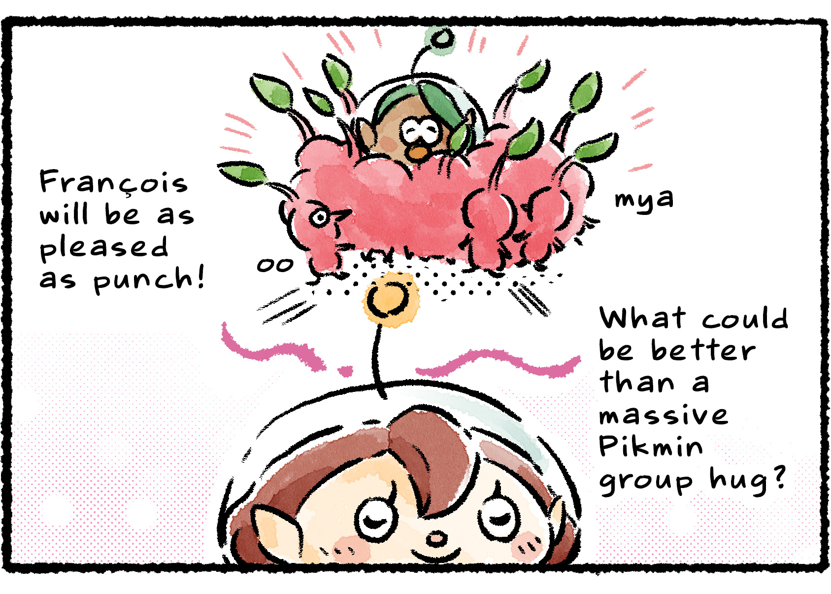 Panel three. The Rescue Officer thinks, "What could be better than a massive Pikmin group hug? François will be pleased as punch!" She smiles as she imagines a pile of Red Pikmin surrounding François.