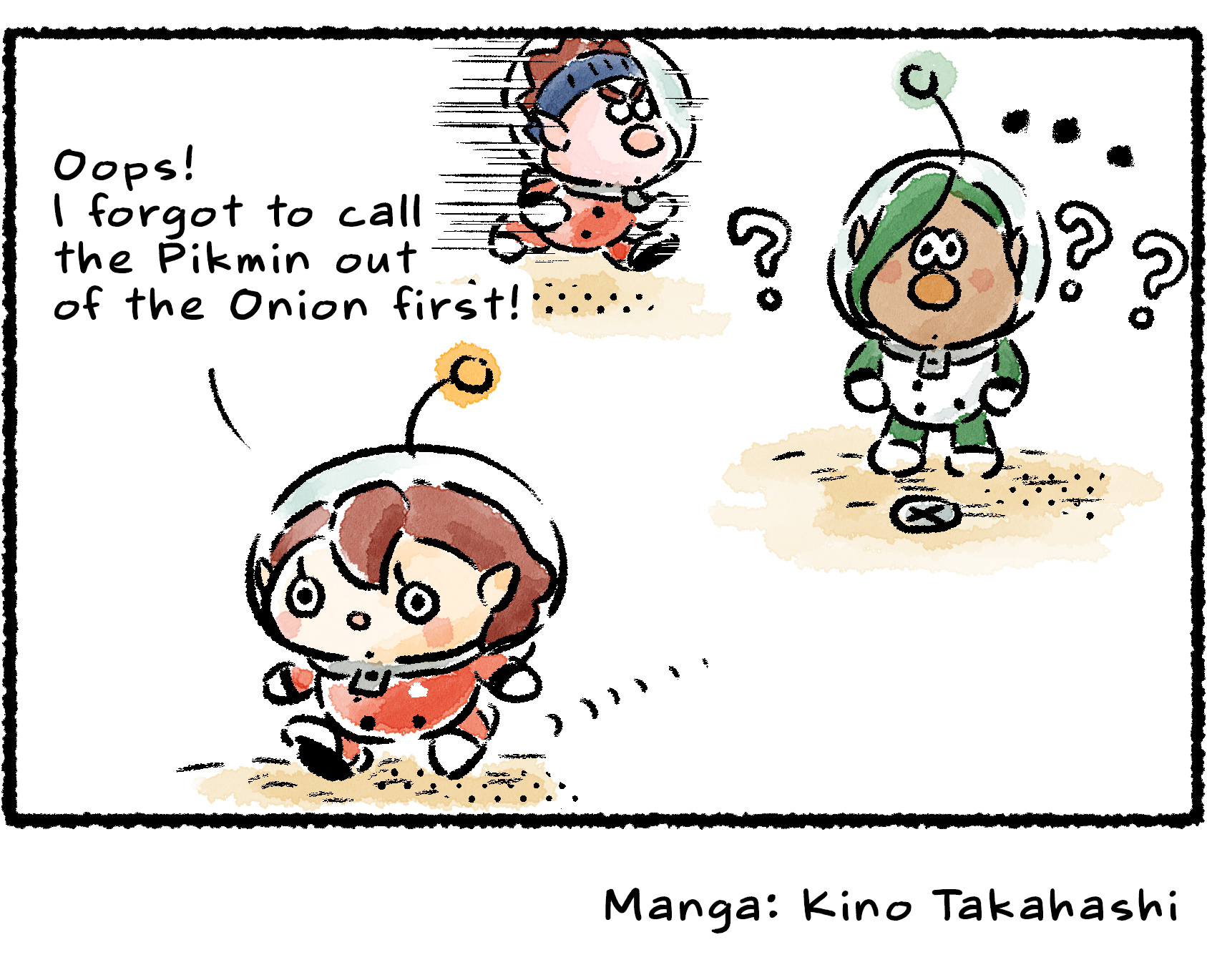 Panel four. François continues to stand alone, looking confused. Only Dingo is running around in the background—no Pikmin have appeared. "Oops!" the Rescue Officer says, realizing her mistake. "I forgot to call the Pikmin out of the Onion first!"