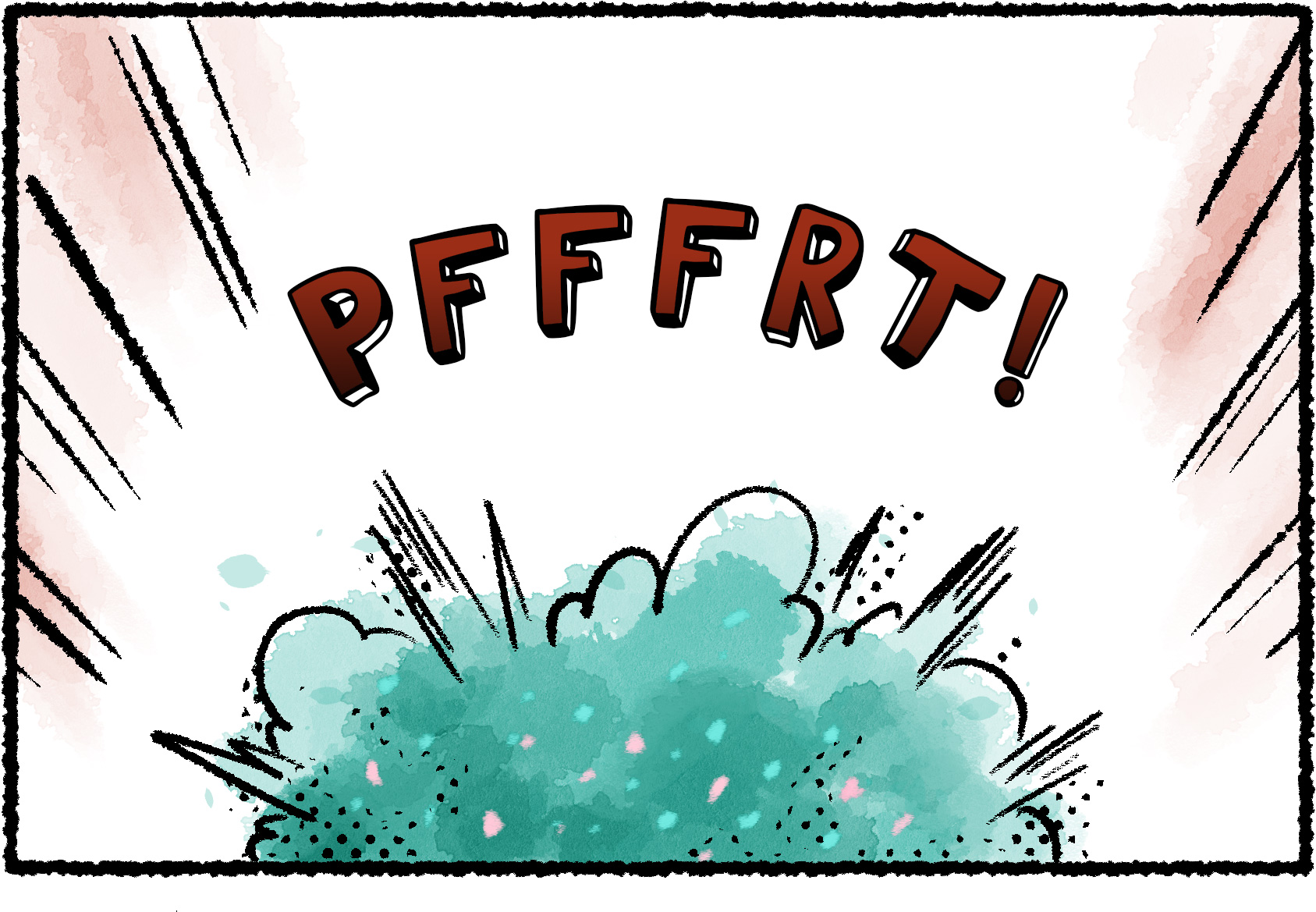 Panel one. A cloud of bluish smoke appears underneath a fart sound effect. PFFFRT!