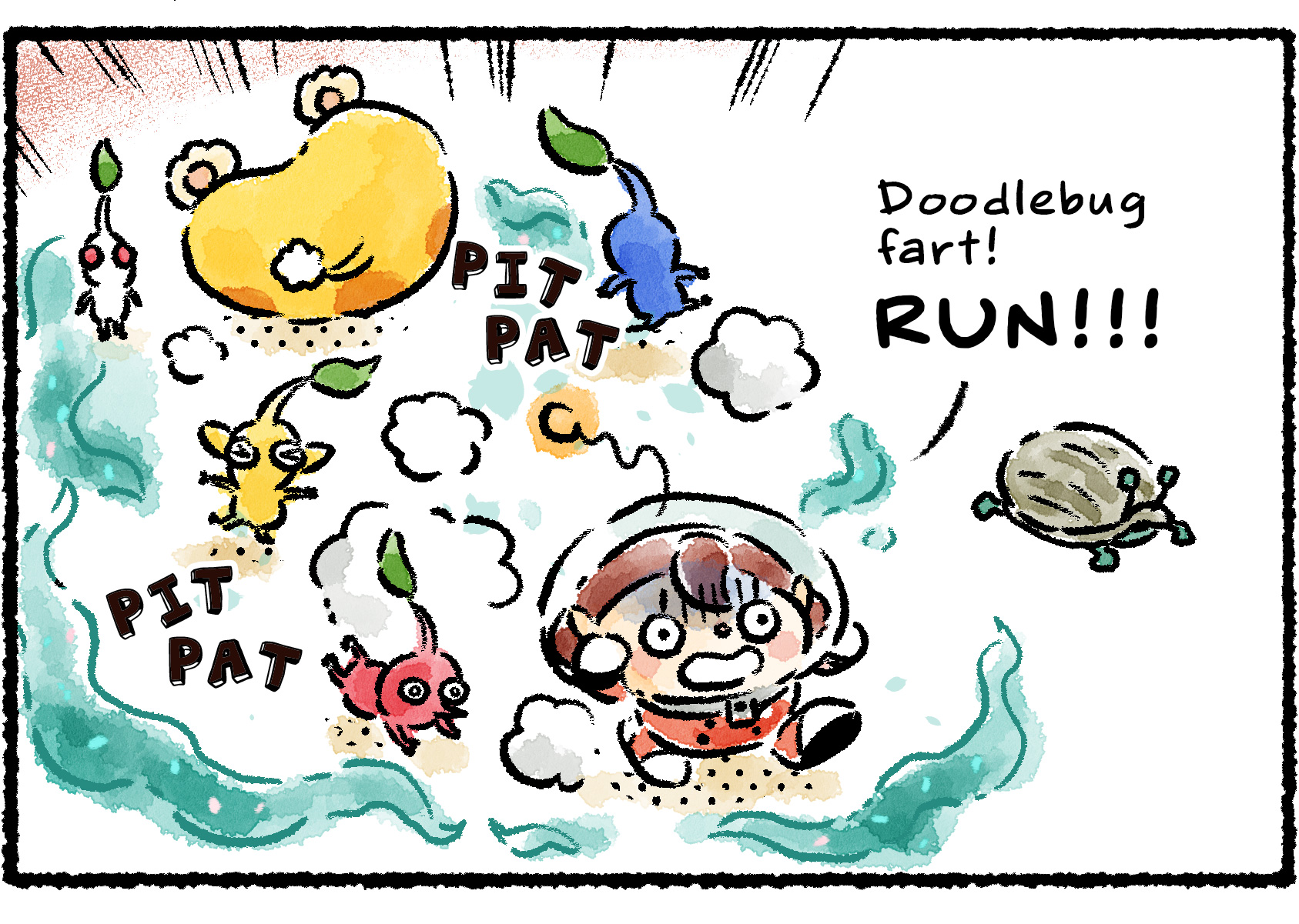 Panel two. Oatchi, a Rescue Officer, and several Pikmin run around in a panic in the cloud. "Doodlebug fart!" the Rescue Officer says, seeing a Doodlebug standing nearby. "RUN!!!" A White Pikmin in the background looks oddly unaffected.