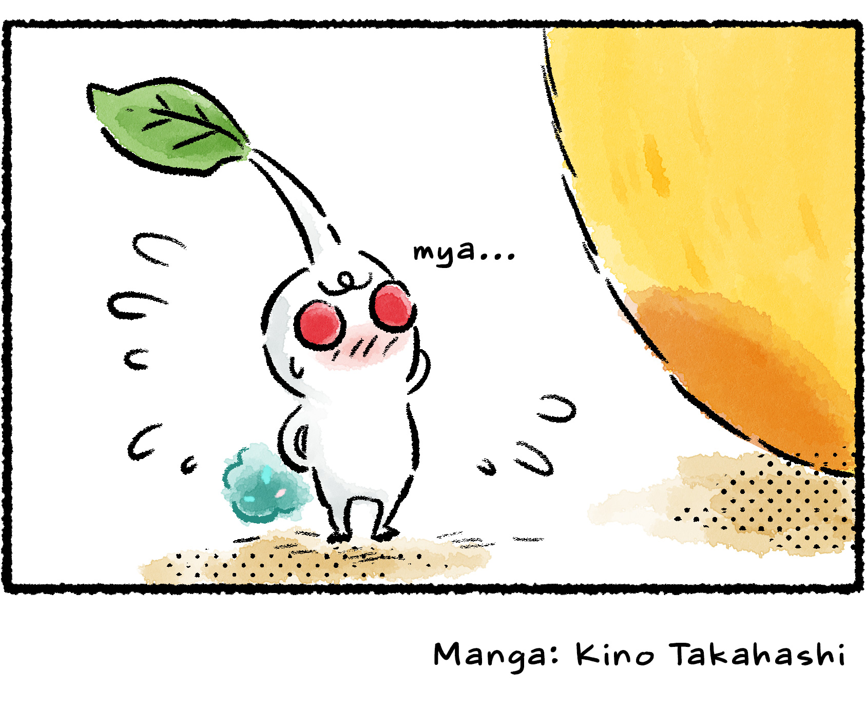 Panel four. A close-up of the White Pikmin shows a look of strained embarrassment on its face and a tiny bluish cloud lingering behind it. Apparently it was the White Pikmin's doing, not the Doodlebug's.