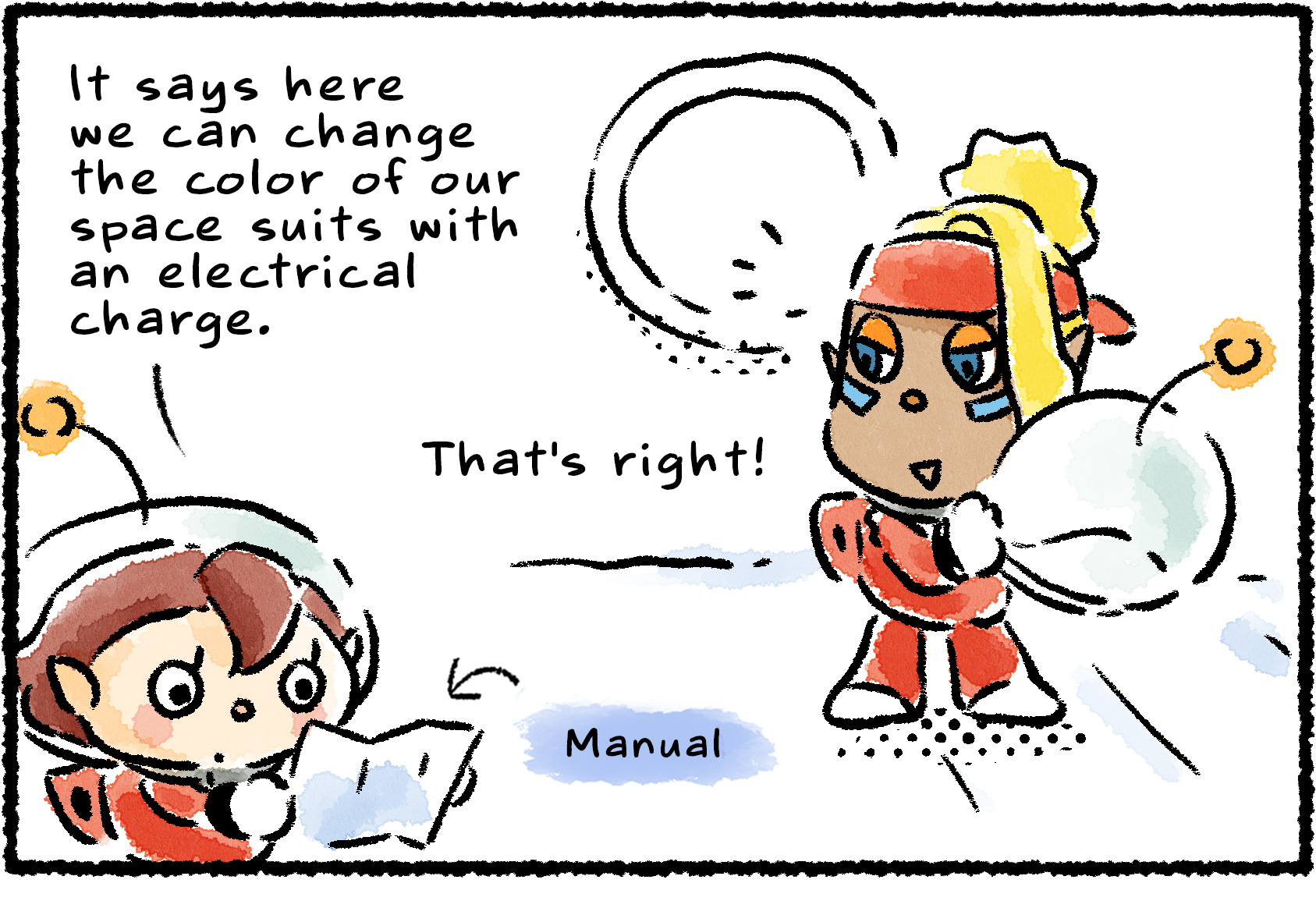 Panel one. A Rescue Officer reads from an operations manual while Shepherd stands nearby. "It says here we can change the color of our space suits with an electrical charge," the Rescue Officer says. "That's right!" Shepherd replies.