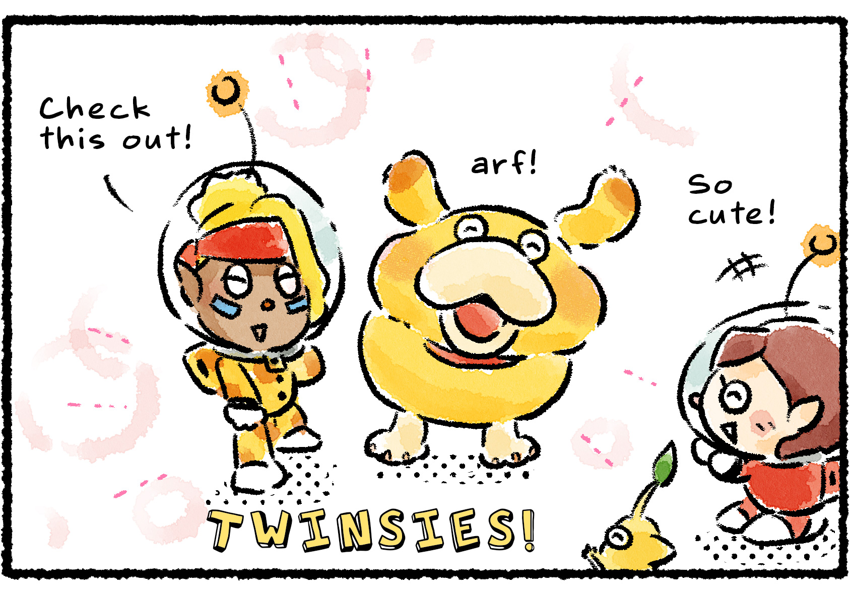 Panel two. Shepherd and Oatchi stand side by side, with Shepherd's space suit now colored in an Oatchi-like pattern. "Check this out!" Shepherd says. "Twinsies!" The Rescue Officer is delighted. "So cute!" she says. Oatchi barks happily.