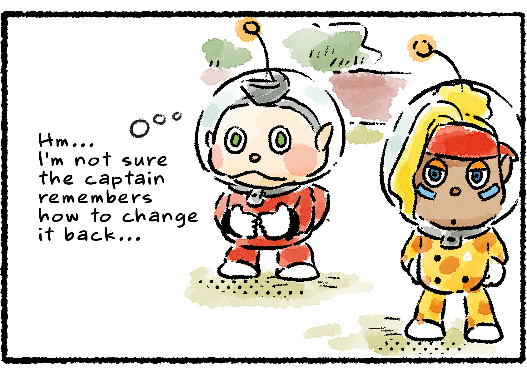 Panel three. Some time later, Shepherd's suit is still colored to look like Oatchi's fur. "I wonder if the captain remembers how to change them back…" Collin wonders to himself.