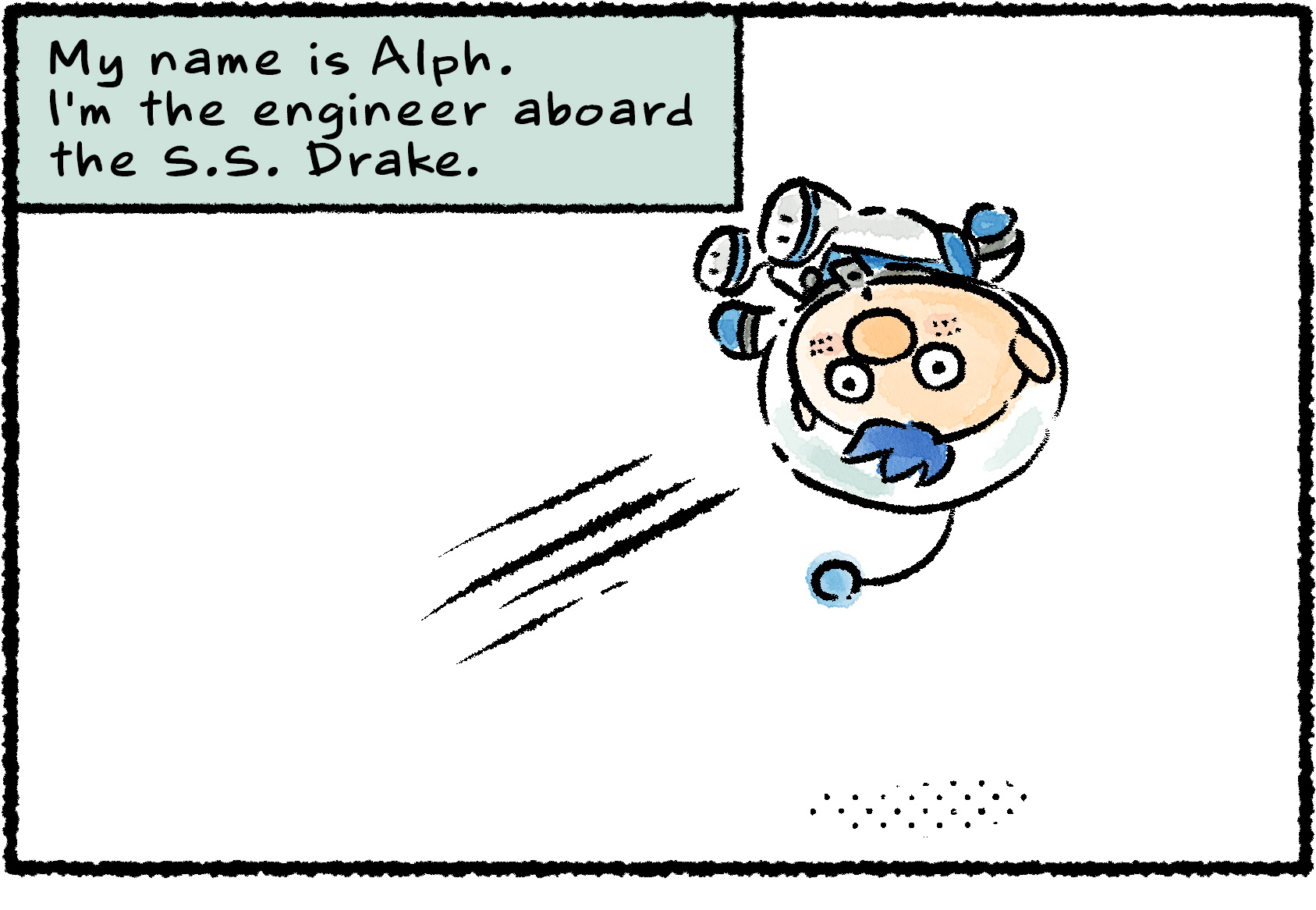 Panel one. Alph is flying through the air, upside down and backwards. Narrator text reads: "My name is Alph. I'm the engineer aboard the S.S. Drake."