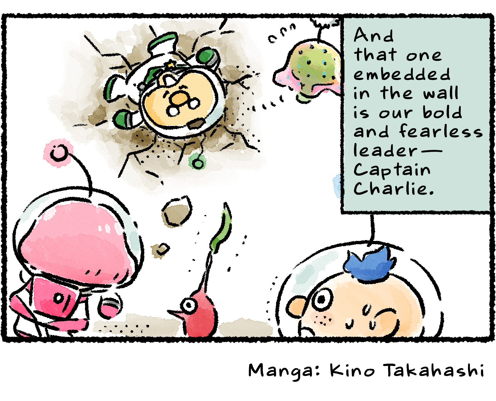 Panel four. Alph looks on in panic as Brittany throws Charlie into a wall. Narrator text reads: "And that one embedded in the wall is our bold and fearless leader—Captain Charlie." The Medusal Slurker flees, frightened by this unusual maneuver.