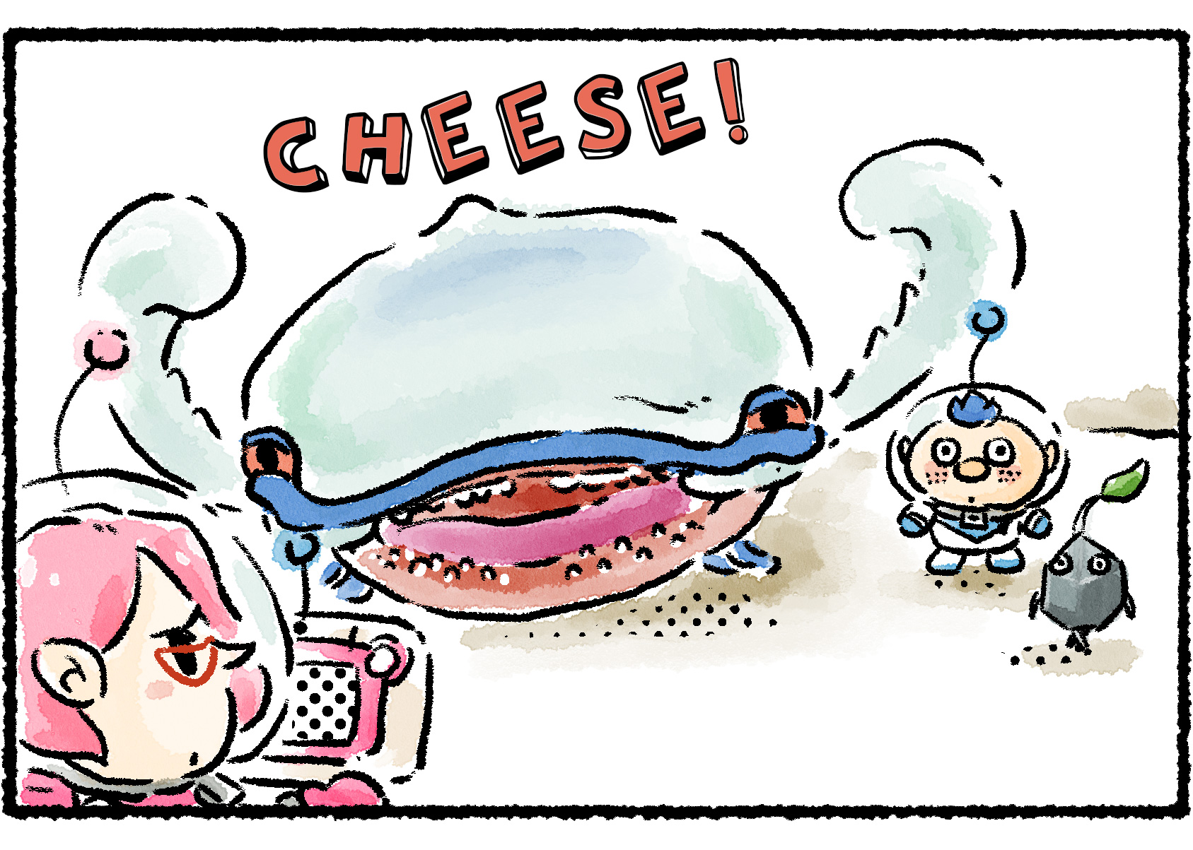 Panel two. As Brittany lines up the picture, the Armored Mawdad unexpectedly rushes and faces the camera, raises its mandibles, and appears to smile. The word "CHEESE!" appears over its head.