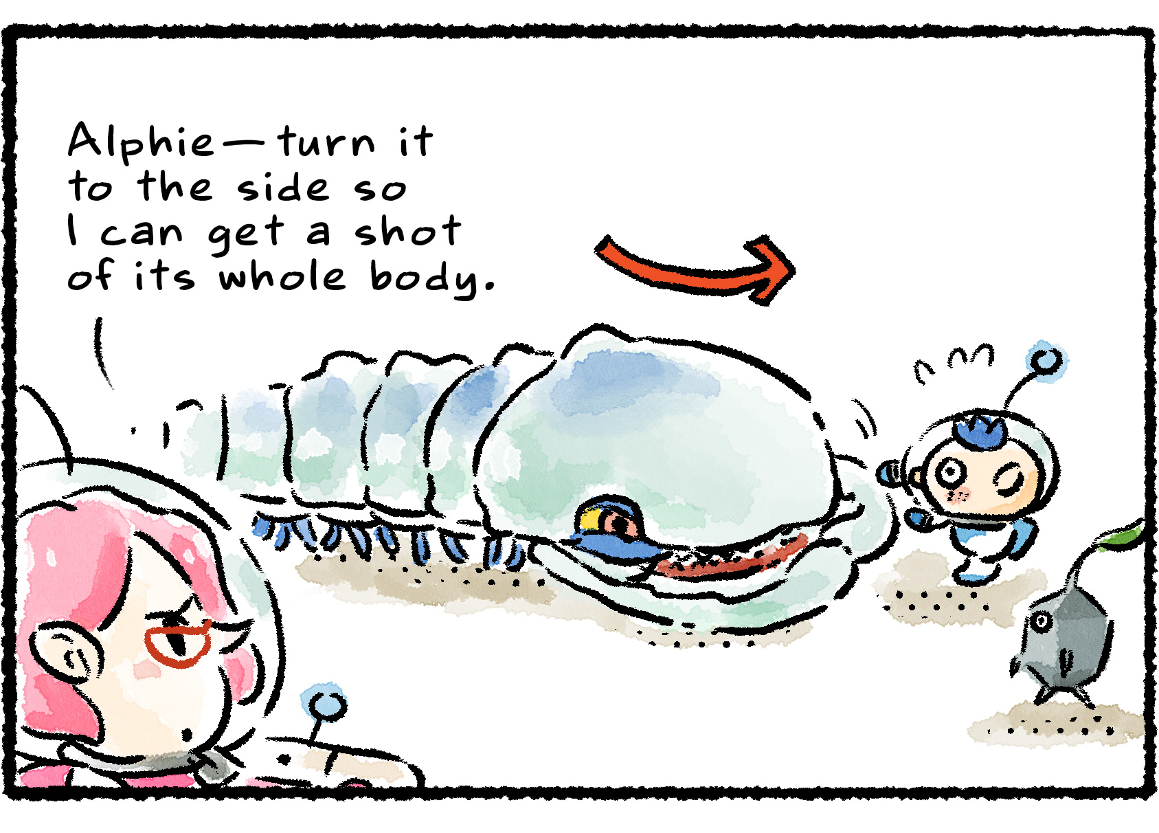 Panel three. "Alphie—turn it to the side so I can get a shot of its whole body," Brittany says. Alph and the Armored Mawdad turn to face each other, so the Armored Mawdad is now seen in profile.