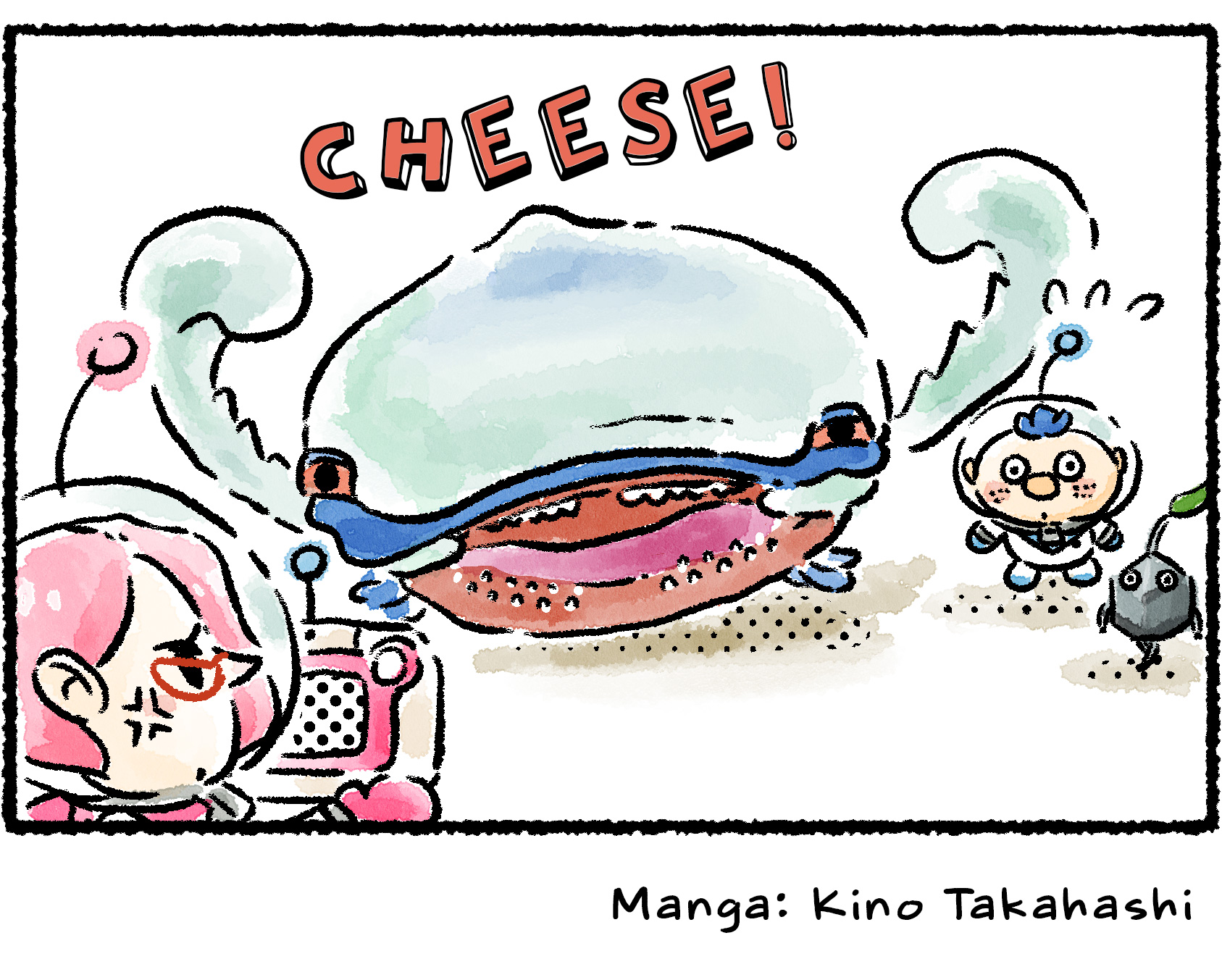 Panel four. As Brittany lines up the second shot, the Armored Mawdad once again turns to face the camera and smile. The word "CHEESE!" appears over its head again.