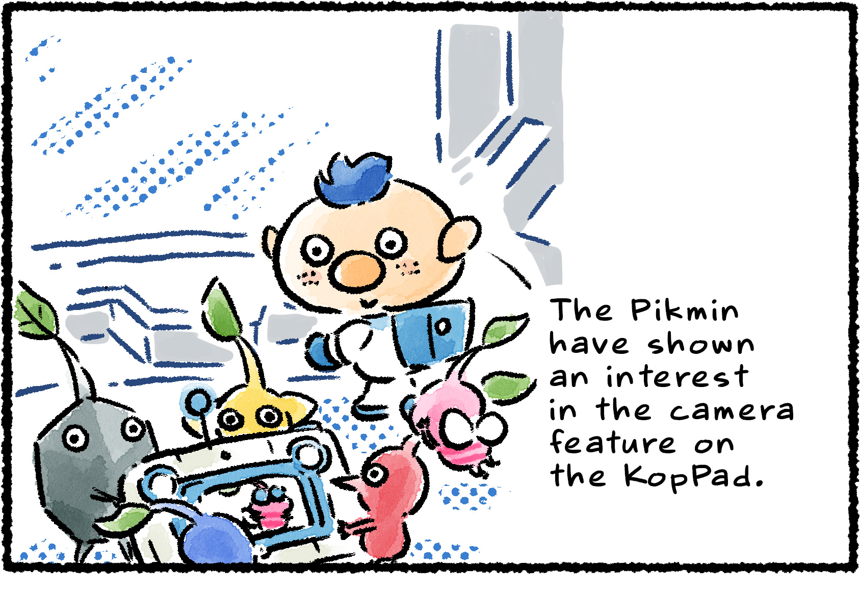 Panel one. Alph observes a group of Pikmin gathered around his KopPad. Narrator text reads: "The Pikmin have shown an interest in the camera feature on the KopPad."