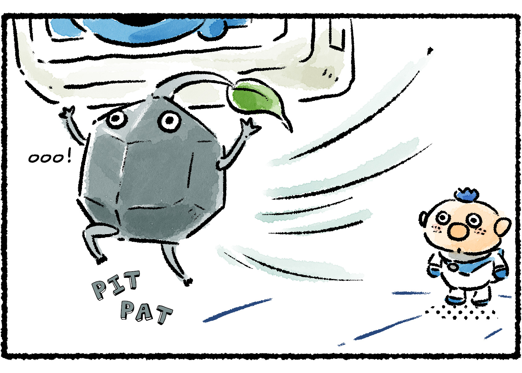 Panel two. A Rock Pikmin scurries off, carrying the KopPad over its head.