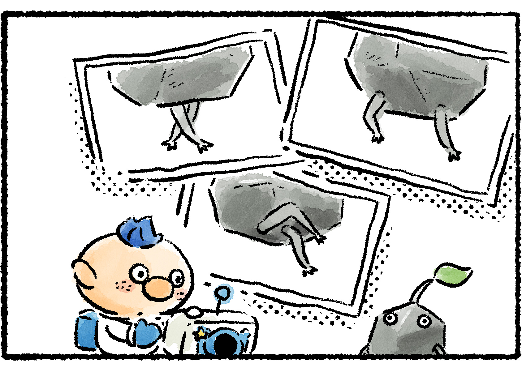 Panel three. Alph recovers the KopPad and discovers the camera reel now contains lots of pictures of the Rock Pikmin's legs. Some shots of the legs crossed look almost like the Rock Pikmin is modeling.
