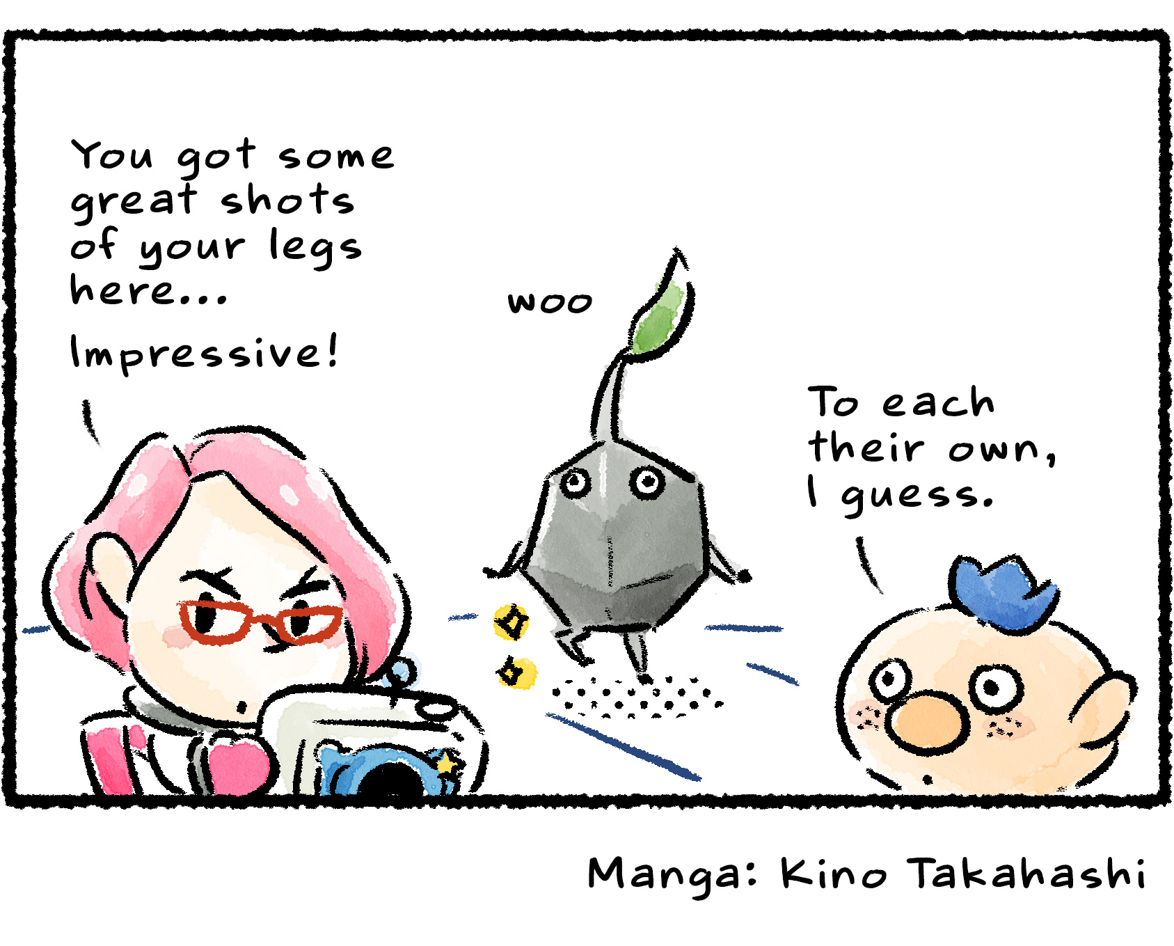 Panel four. "Wow!" Brittany says, looking at the KopPad. "You got some great shots of your legs here… Impressive!" The Rock Pikmin poses pridefully in the background. Narrator text reads: "To each their own, I guess."