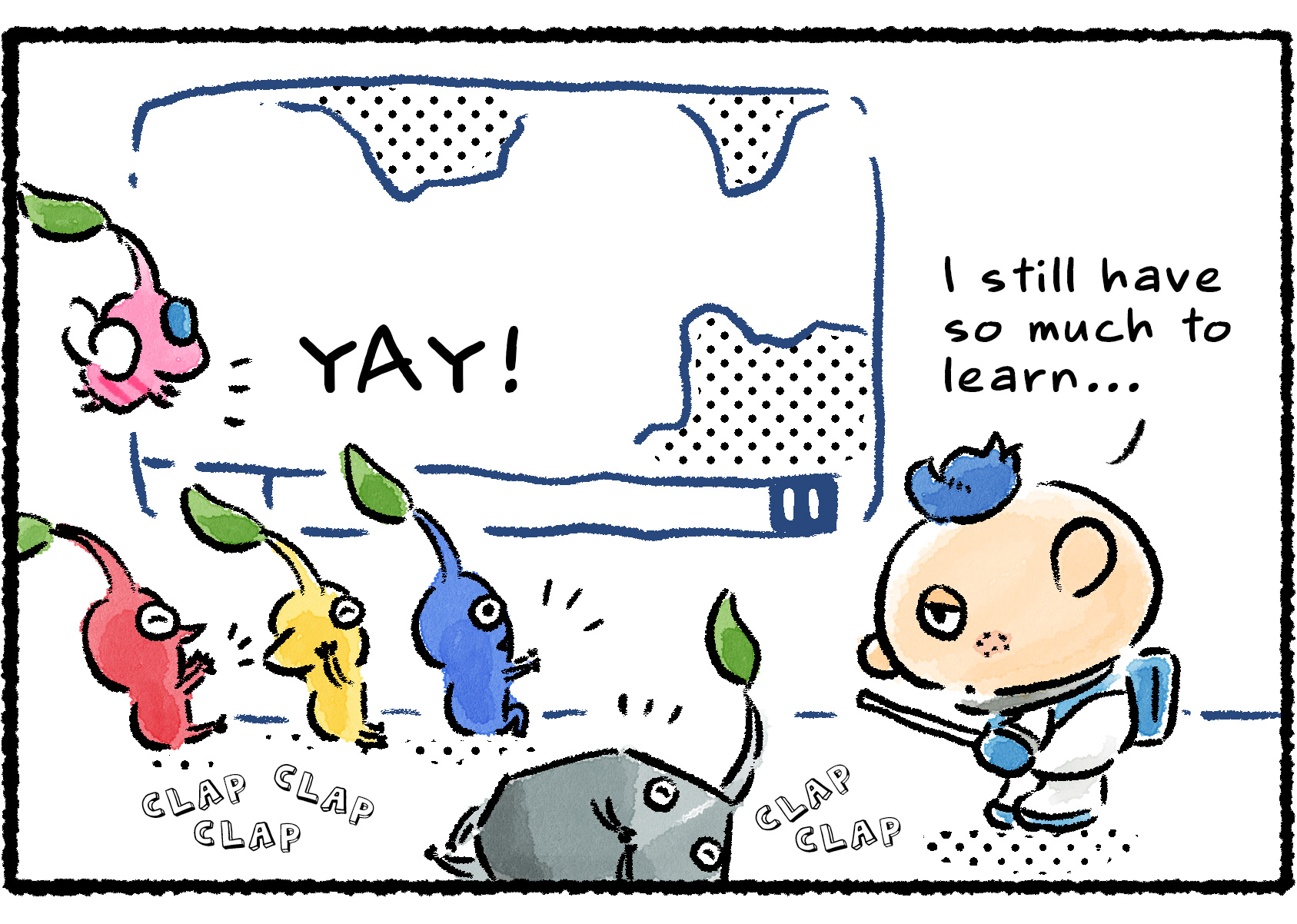 Panel three. Alph says, "I still have so much to learn…" But just as he starts to look disappointed, the Pikmin start to cheer and applaud for him.