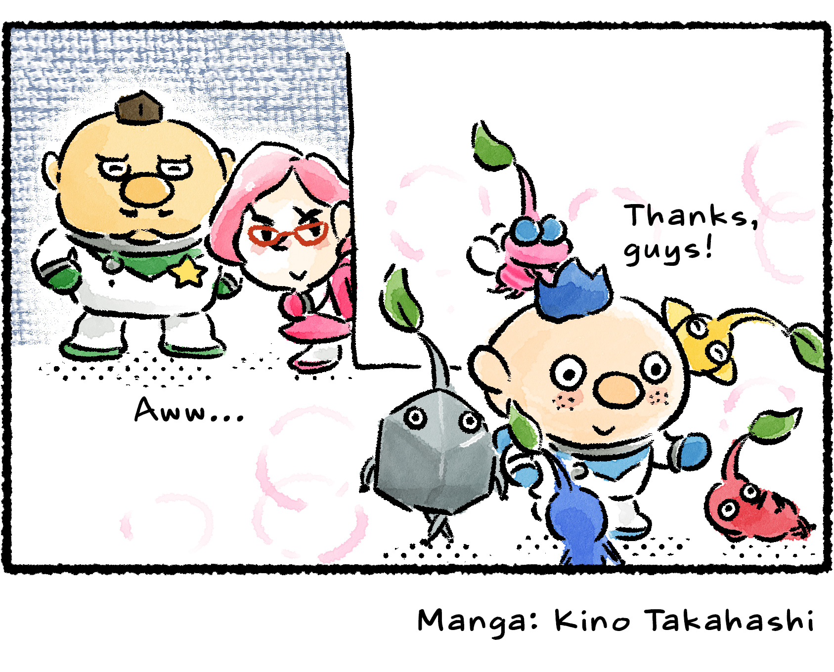 Panel four. Surrounded by cheering Pikmin, Alph looks much happier. "Thanks, guys!" he says. Brittany and Charlie, watching from the background, quietly say "Aww…"