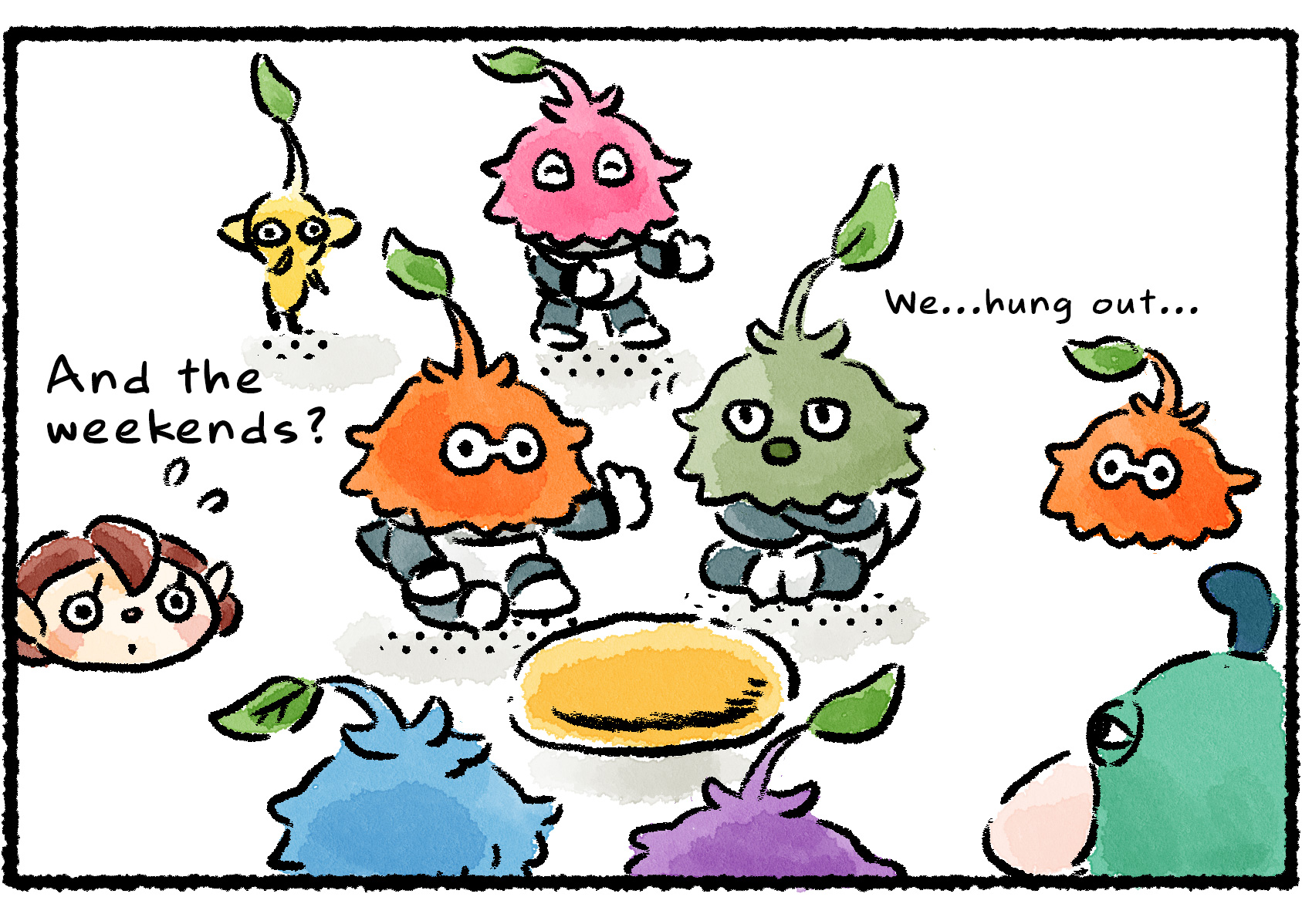 Panel two. A gathering of Leaflings is shown as the conversation continues at the sides of the panel. "And the weekends?" the Rescue Officer asks. "We…hung out…" the Leafling says. "Played reversi…with Scorchcakes…"