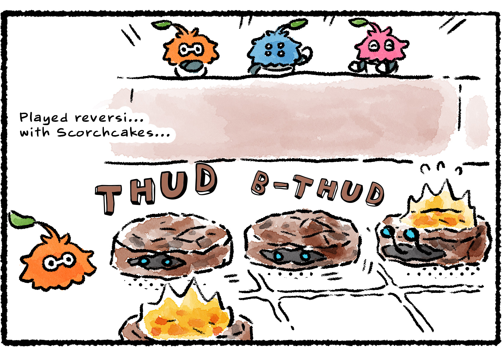 Panel three. Leaflings cheer as Scorchcakes are arrayed out on a reversi board, each one landing in its square with a heavy THUD. The Leafling continues to narrate their weekend activities: "Watched…Waterwraith races…"