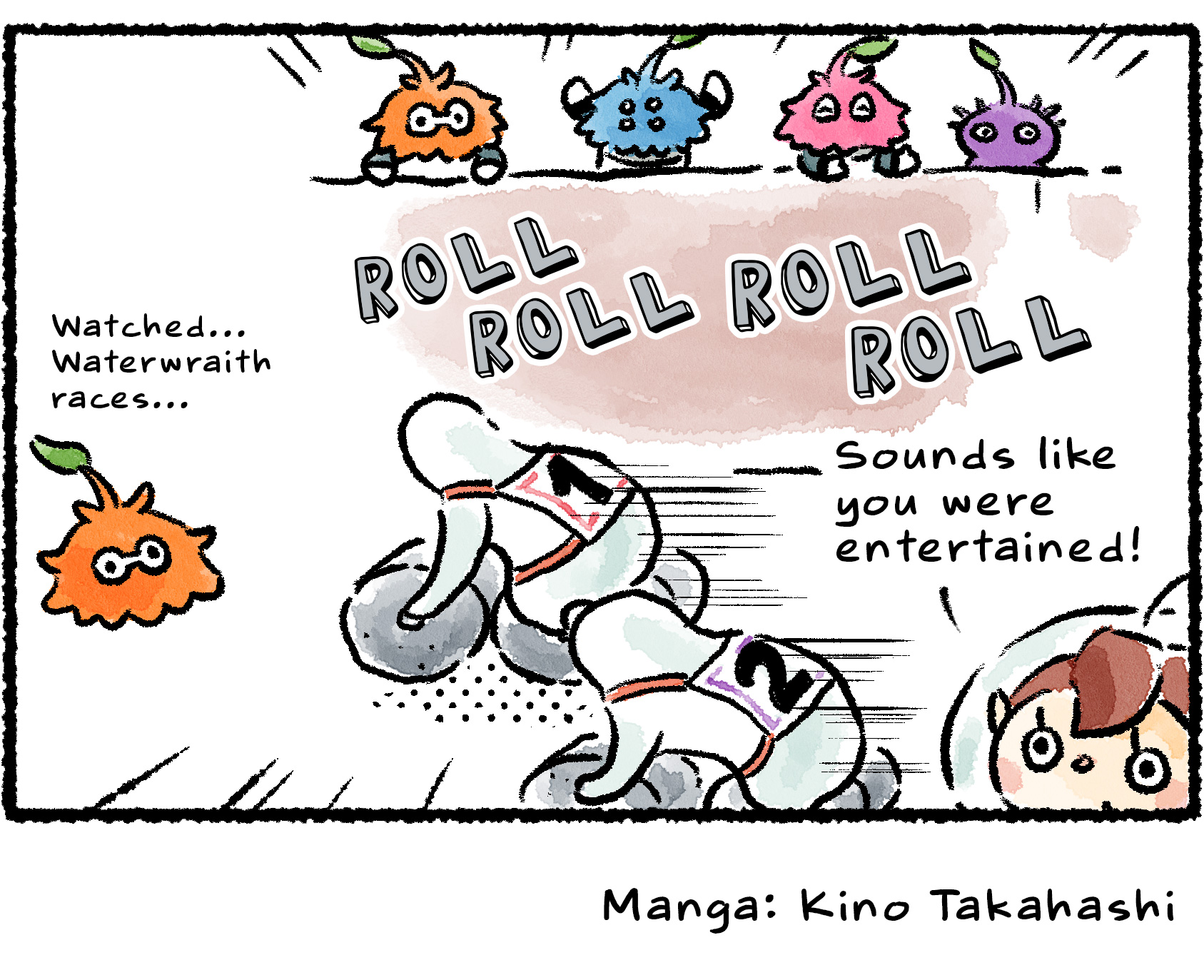 Panel four. The Leaflings cheer as two Waterwraiths in numbered athletic jerseys roll by in a close race. "Sounds like you were entertained!" the Rescue Officer says.