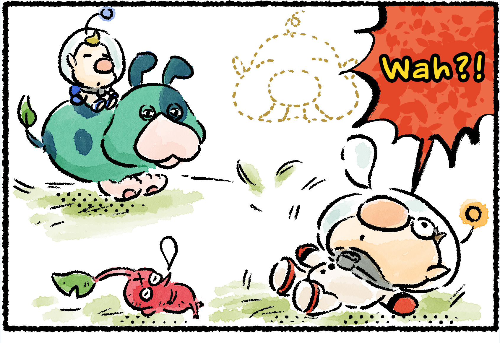 Panel one. With Louie and Moss in the background, Olimar and a Red Pikmin are taking a nap. With an outline of the president of Hocotate Freight looming in the air, Olimar suddenly wakes with a start: "Wah!"