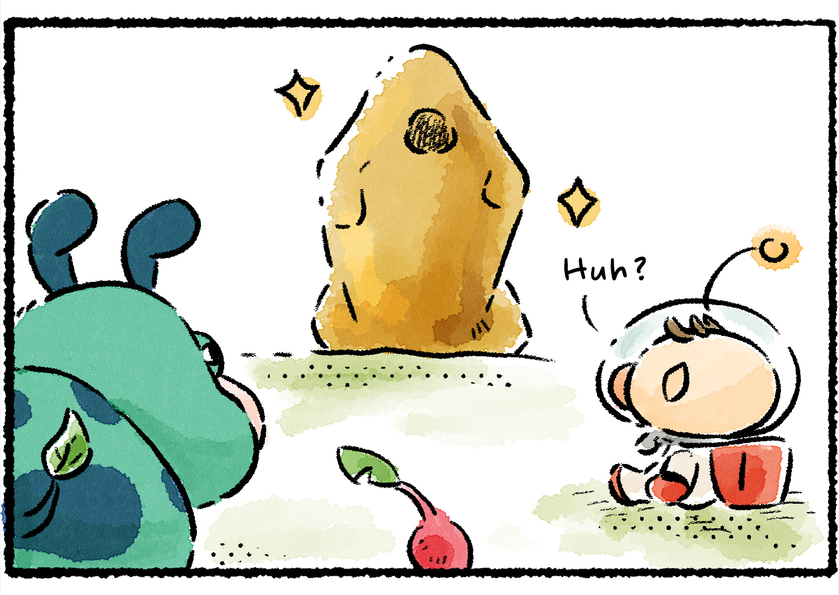 Panel three. "Huh?" Olimar says, turning to look to the horizon, where a golden shape resembling the ship stands. Unlike the dream outlines, this shape is very real.