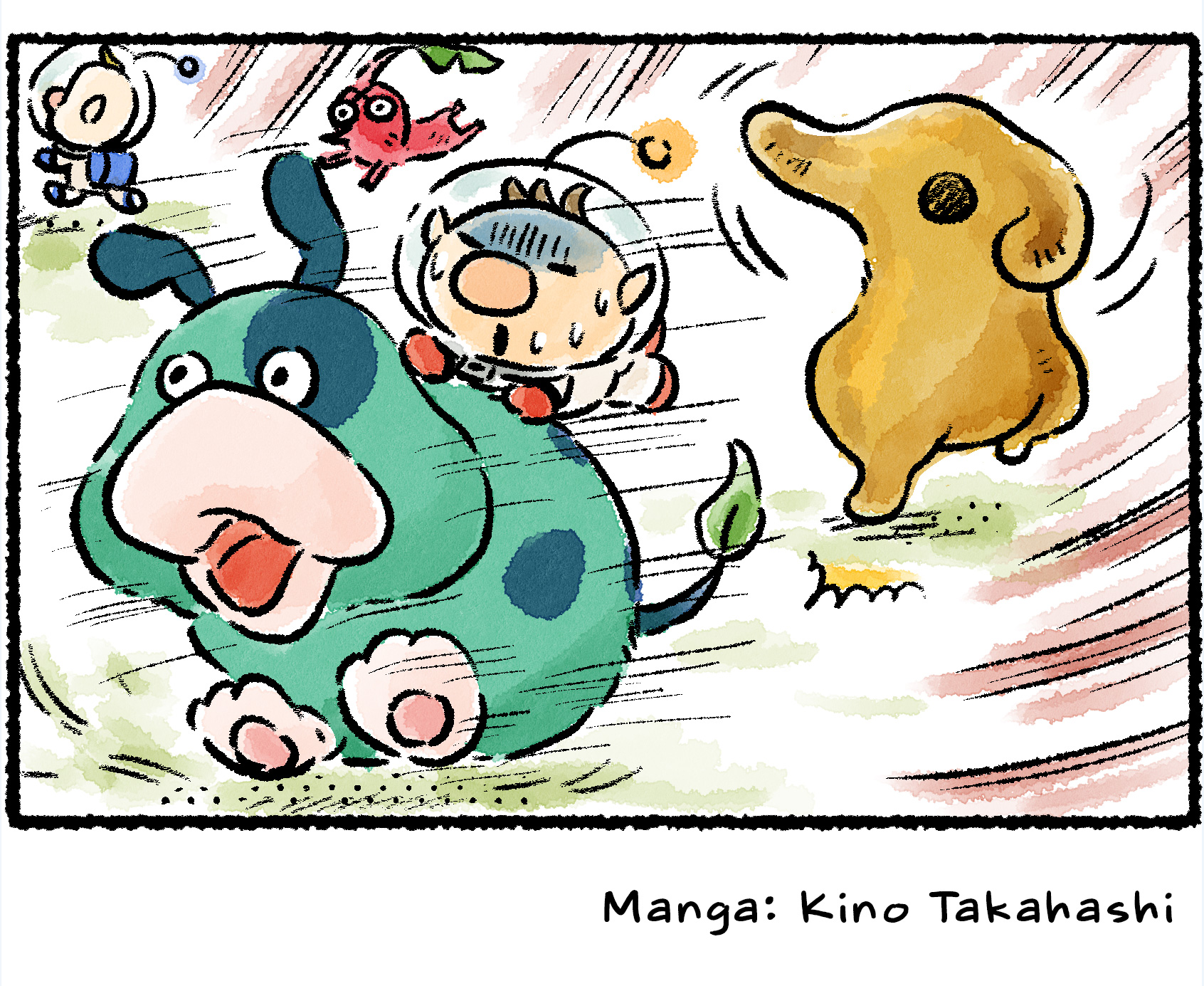 Panel four. The golden shape turns out to be a Plasm Wraith. Olimar hurriedly mounts up on Moss as everyone flees in terror from it.