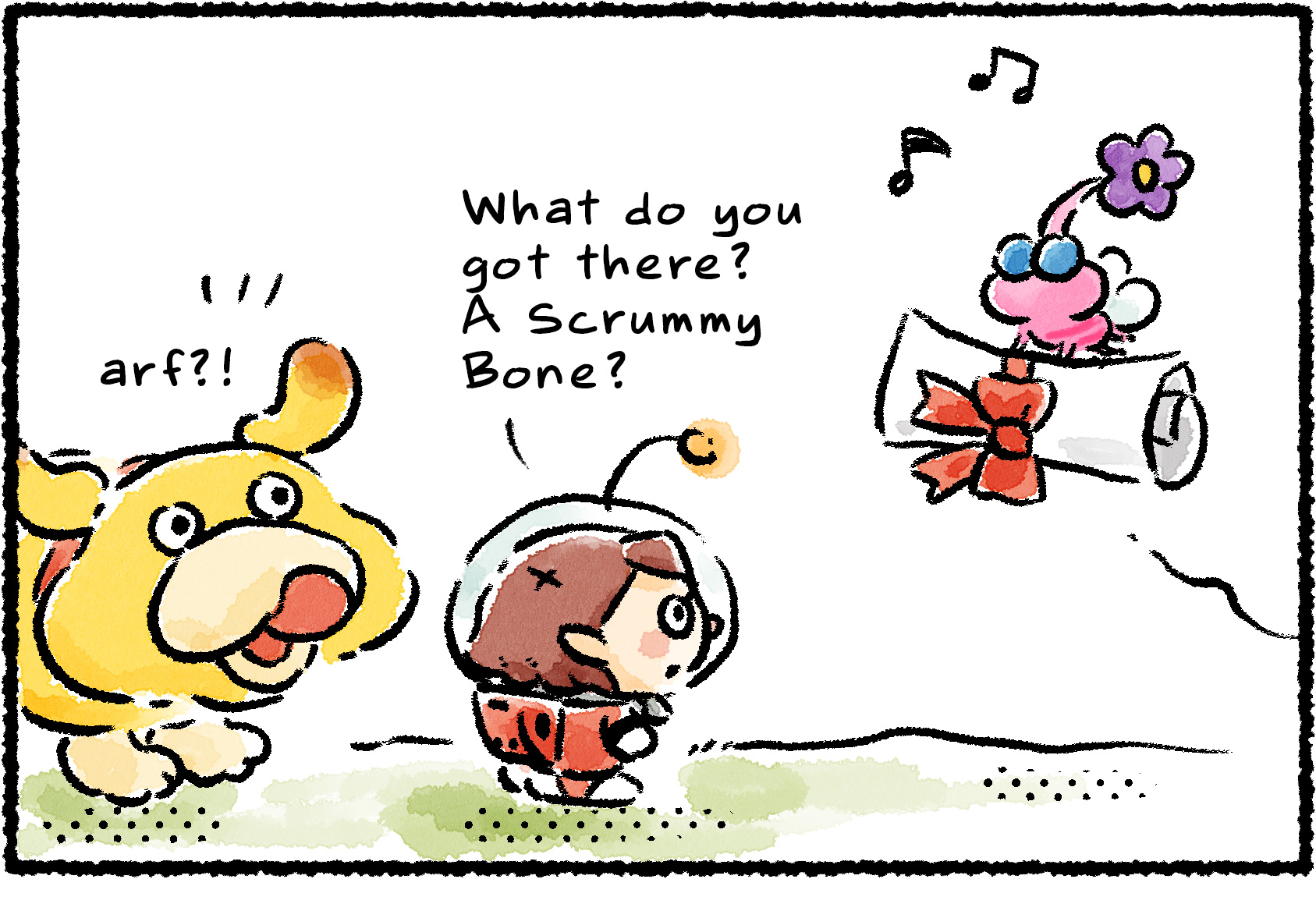 Panel one. A Winged Pikmin arrives with a rolled-up letter, sealed with a red bow. "What do you got there?" a Rescue Officer says. "A Scrummy Bone?" The letter does resemble a Scrummy Bone, which has Oatchi excited.