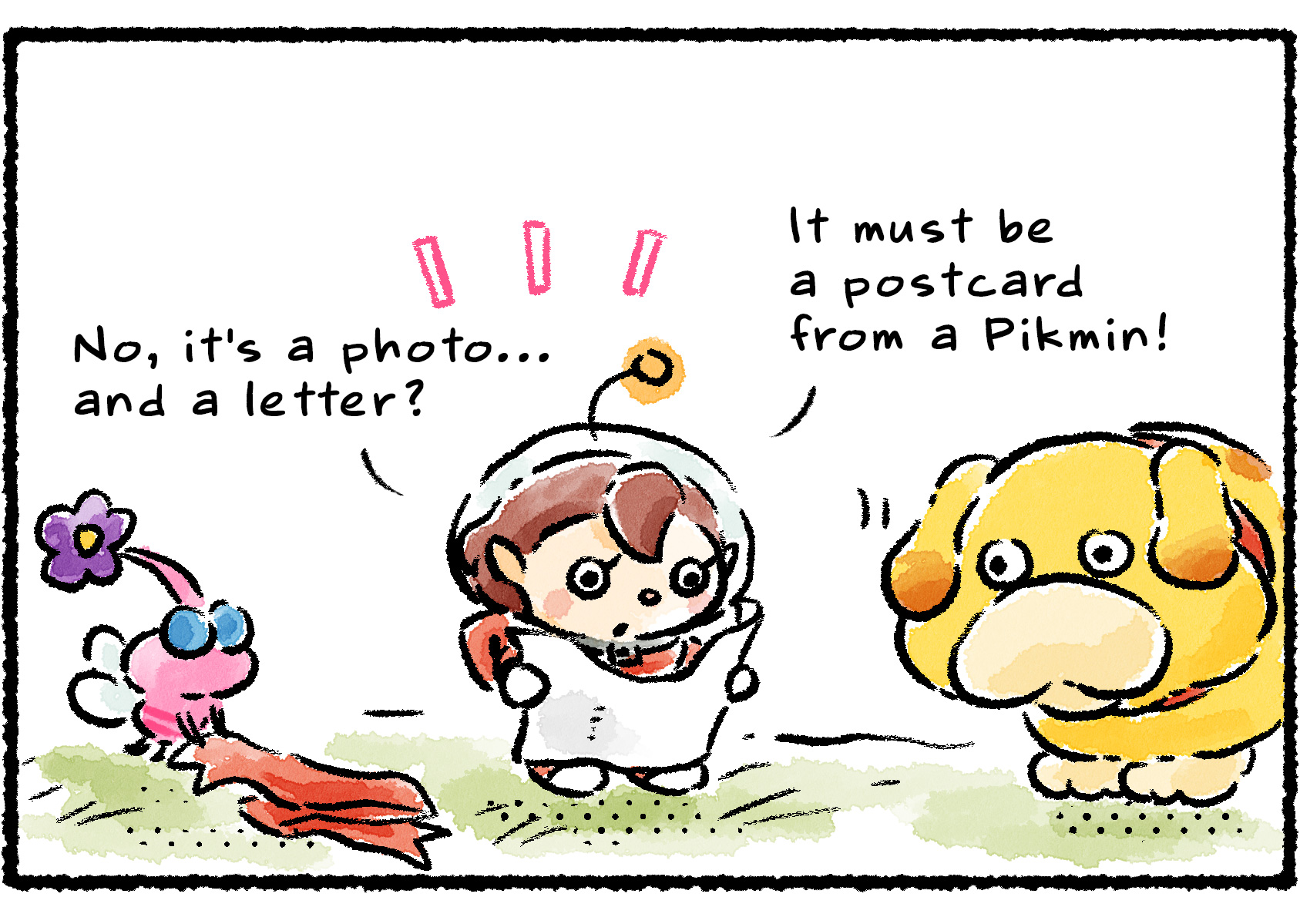 Panel two. The Rescue Officer opens the letter. "No, it's a photo…and a letter? It must be a postcard from a Pikmin!" Oatchi looks disappointed.