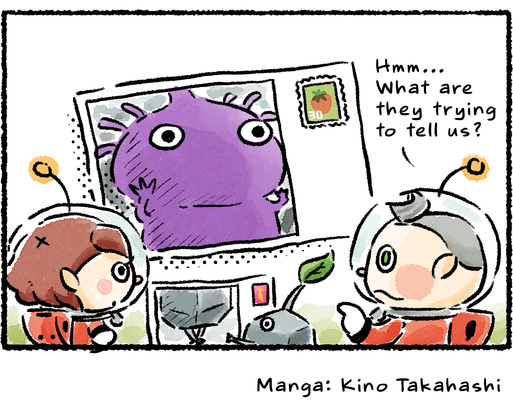 Panel four. The postcard is revealed to be a close-up photo of a Purple Pikmin. "Hmm…" Collin says. "What are they trying to tell us?" A Rock Pikmin fiddling with the tablet shows the modeling photos of a Rock Pikmin's legs from a previous strip.