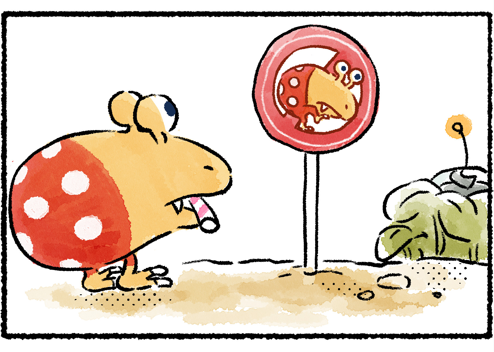 Panel two. A Bulborb approaches and stares at the sign. Collin hides behind the nearby foliage.