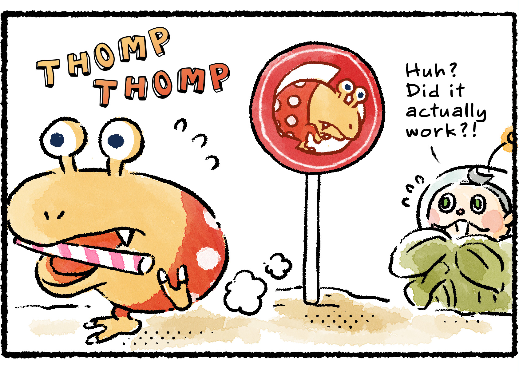 Panel three. The Bulborb runs away. "Huh?" Collin says, amazed. "Did it actually work?!"