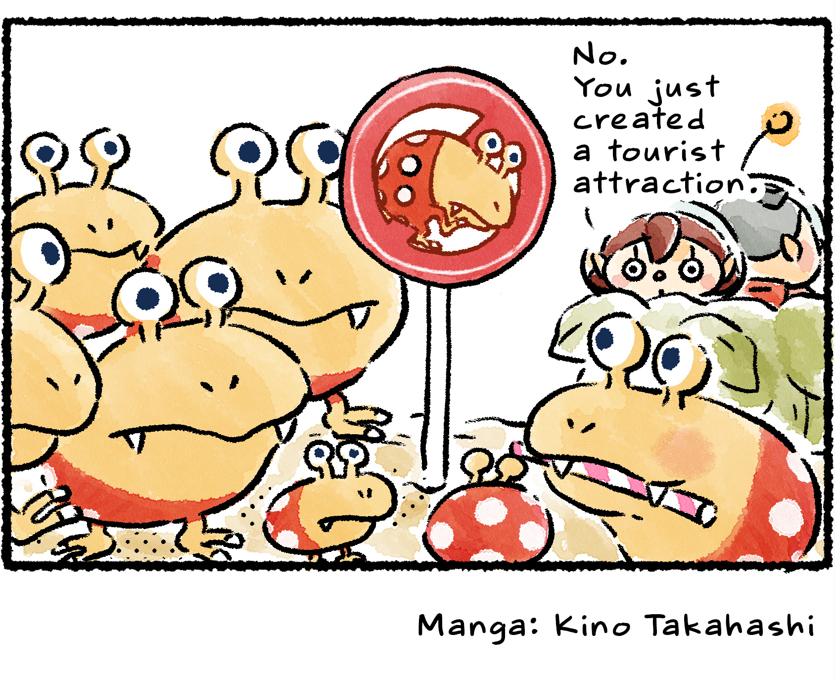 Panel four. The sign is now surrounded by Bulborbs. "No," the Rescue Officer says to Collin, hiding behind the shrubs with him. "You just created a tourist attraction."