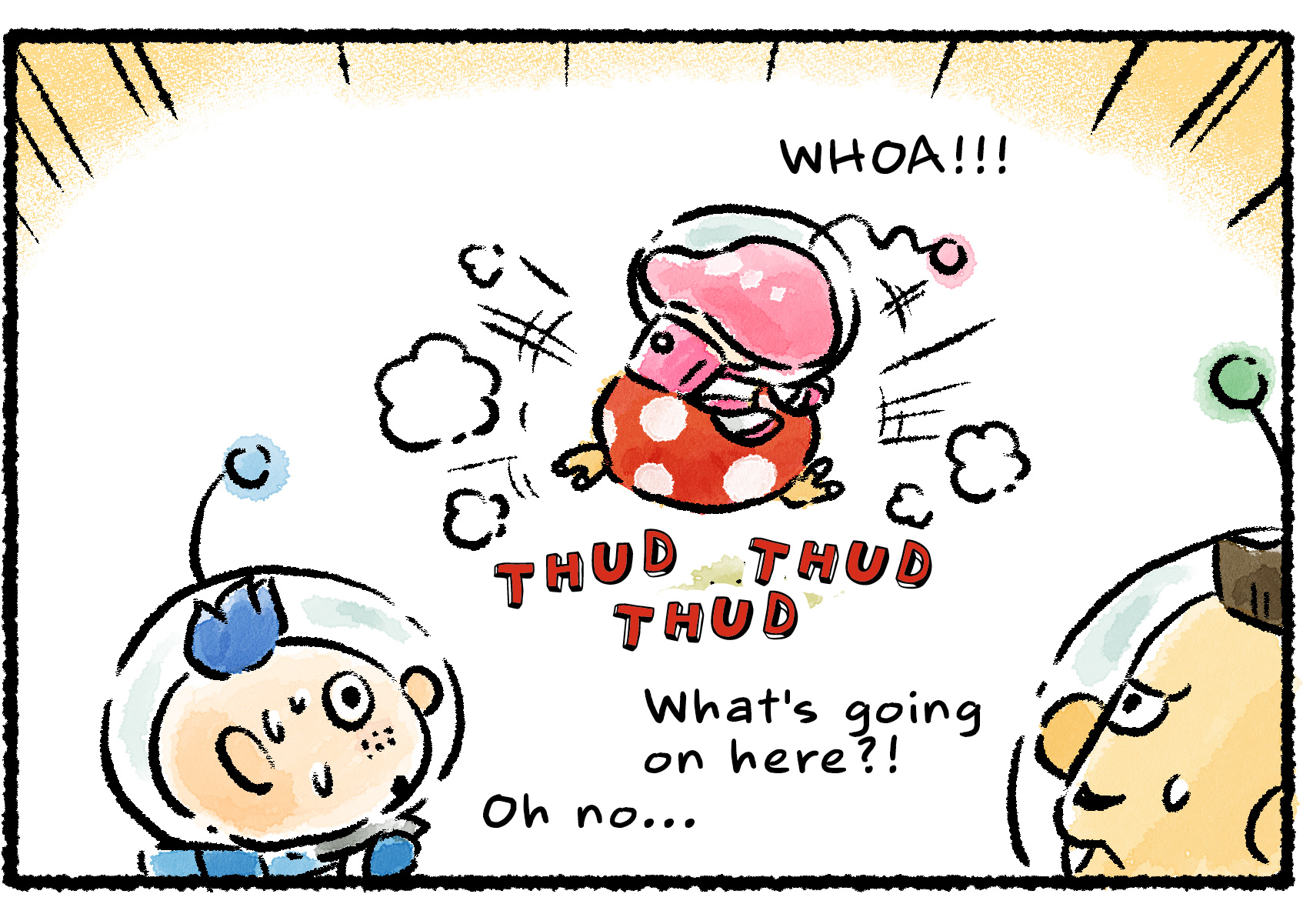 Panel two. Charlie and Alph arrive just in time to see Brittany  riding atop a Bulborb that is running around in a panic. "WHOA!!!" she yells, barely holding on. "What's going on here?!" Charlie says. "Oh no..." Alph says.