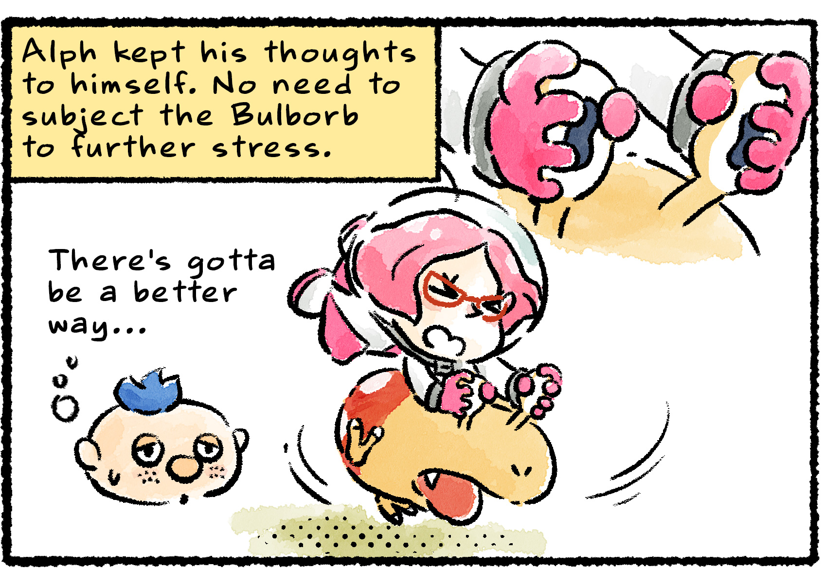 Panel three. Brittany holds on for dear life by grasping the Bulborb by the eyestalks. "Um…" Alph thinks to himself. "You might be holding on at the wrong spot…"