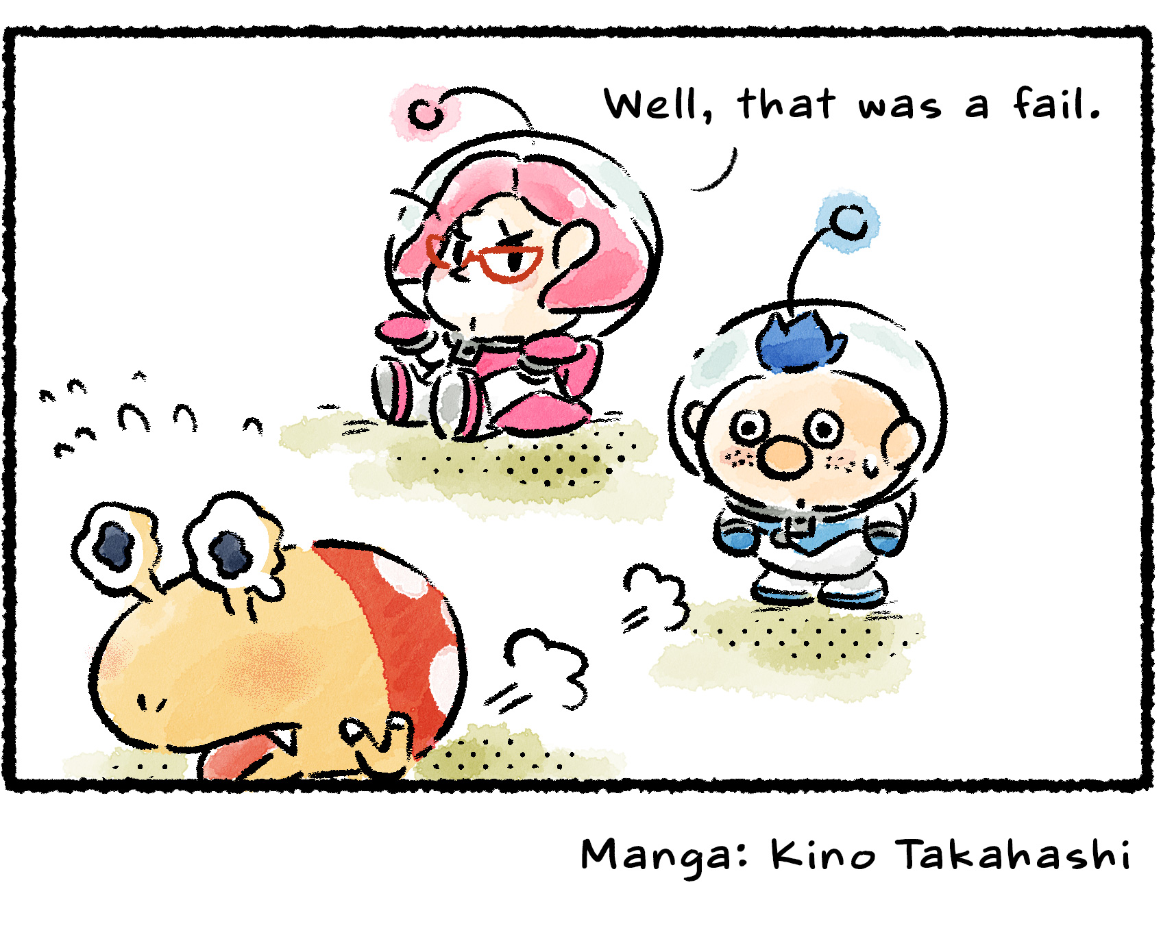 Panel four. Brittany falls off the Bulborb, which takes off running with squished-looking eyestalks. "Well, that was a fail," she says. Narrator text reads: "But Alph kept his thoughts to himself. No need to subject the Bulborb to further stress."