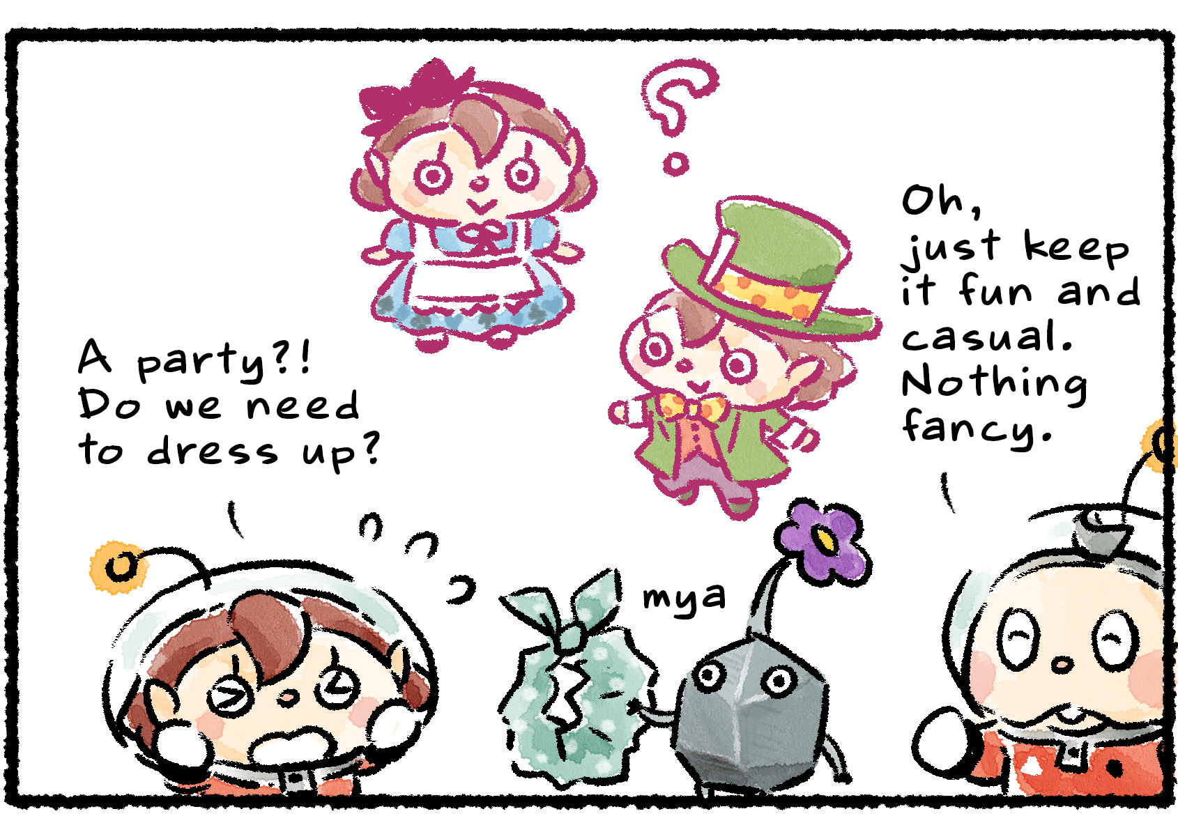 Panel two. "A party?! What kind of party? Do we need to dress up?" the Rescue Officer says, imagining a variety of fancy outfits. "Oh, just keep it fun and casual," Collin says. "Nothing fancy." A Rock Pikmin offers up a fancy neckerchief.