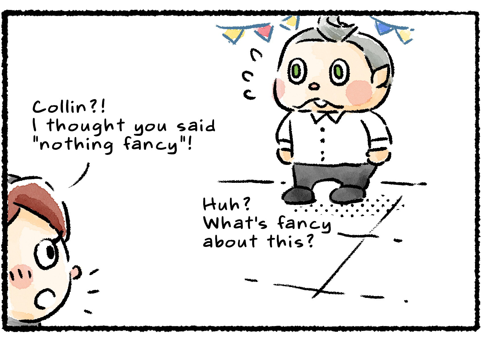 Panel three. Collin comes to the party wearing a button-down shirt and slacks. "Collin?!" the Rescue Officer says from the side of the panel. "I thought you said 'nothing fancy'!" Collin replies, "Huh? What's fancy about this?"