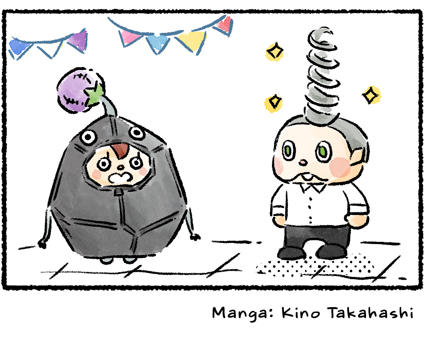 Panel four. From a different angle, it is now clear that the Rescue Officer is wearing a Rock Pikmin costume and that Collin's hair is sculpted into a tall and elaborate corkscrew shape.