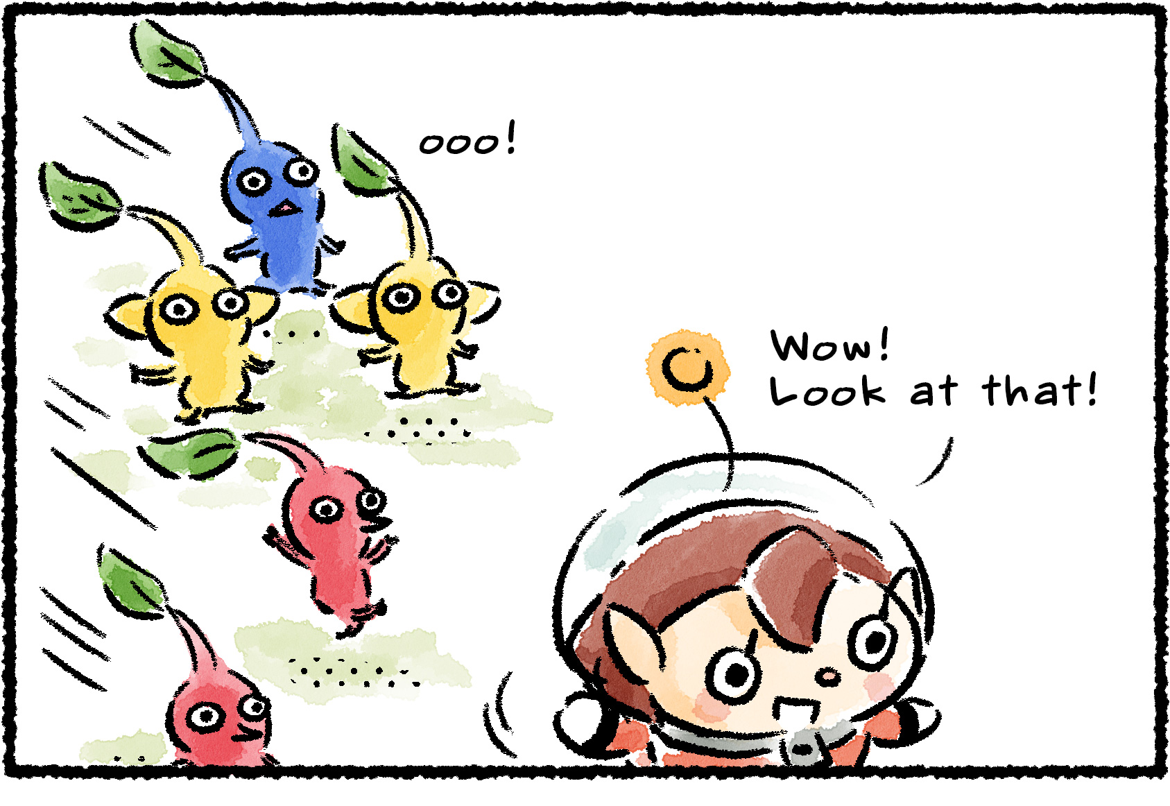 Panel one. A Rescue Officer and a group of Pikmin are looking at something off panel. "Wow!" the Rescue Officer says. "Look at that!" The Pikmin rush forward excitedly.