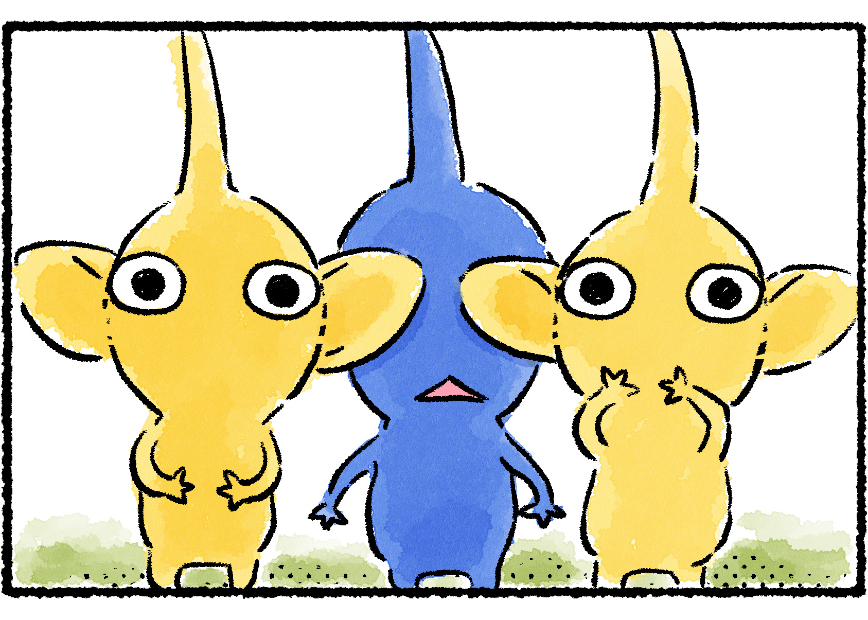 Panel two. A Blue Pikmin is standing between two Yellow Pikmin. Each of its eyes are blocked by a pointy Yellow Pikmin ear—it can't see what everyone is looking at.