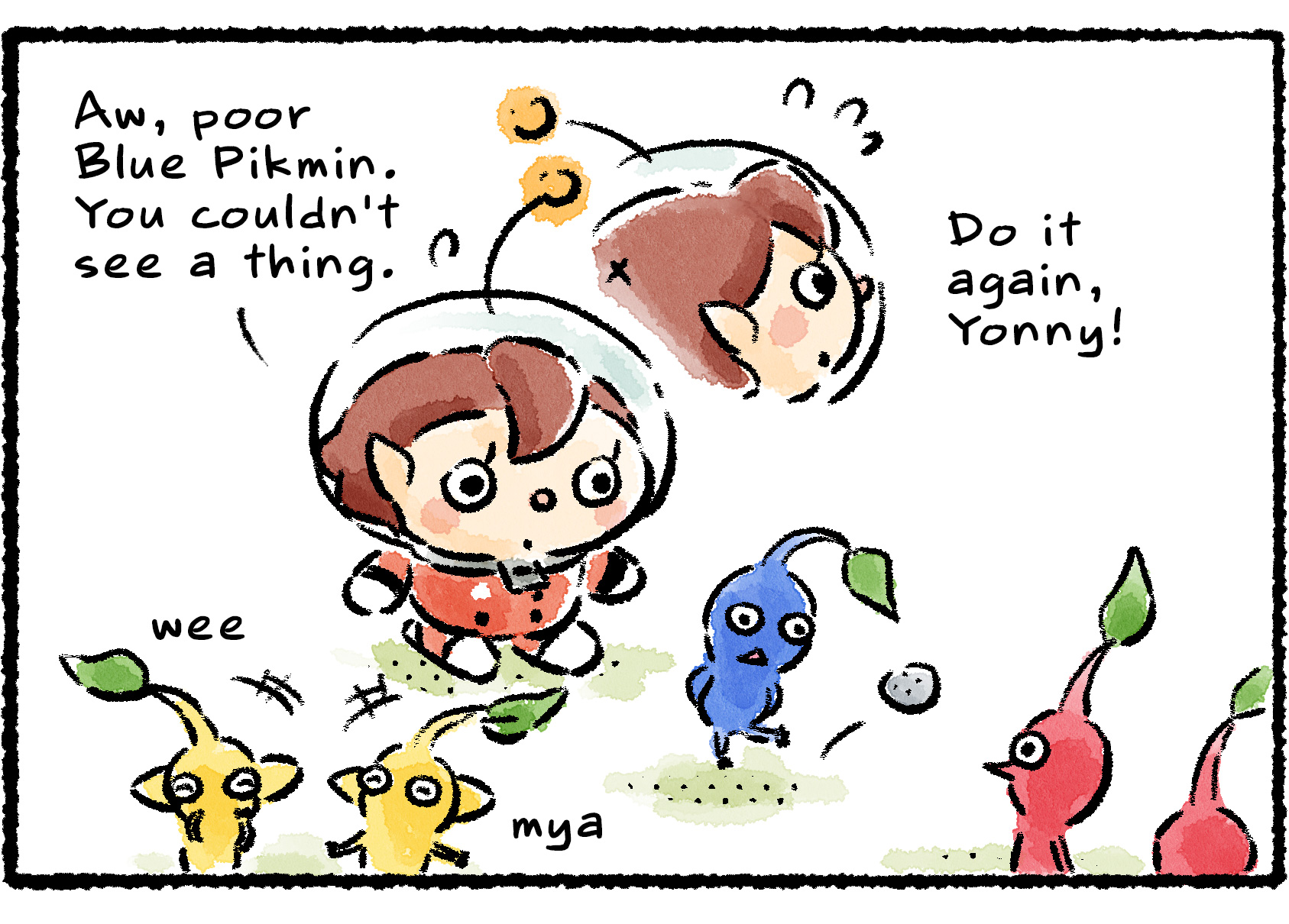 Panel three. The Rescue Officer sees the Blue Pikmin looking sad that it missed the show. "Aw, poor Blue Pikmin," she says. "You couldn't see a thing." She turns to look off panel. "Do it again, Yonny!"